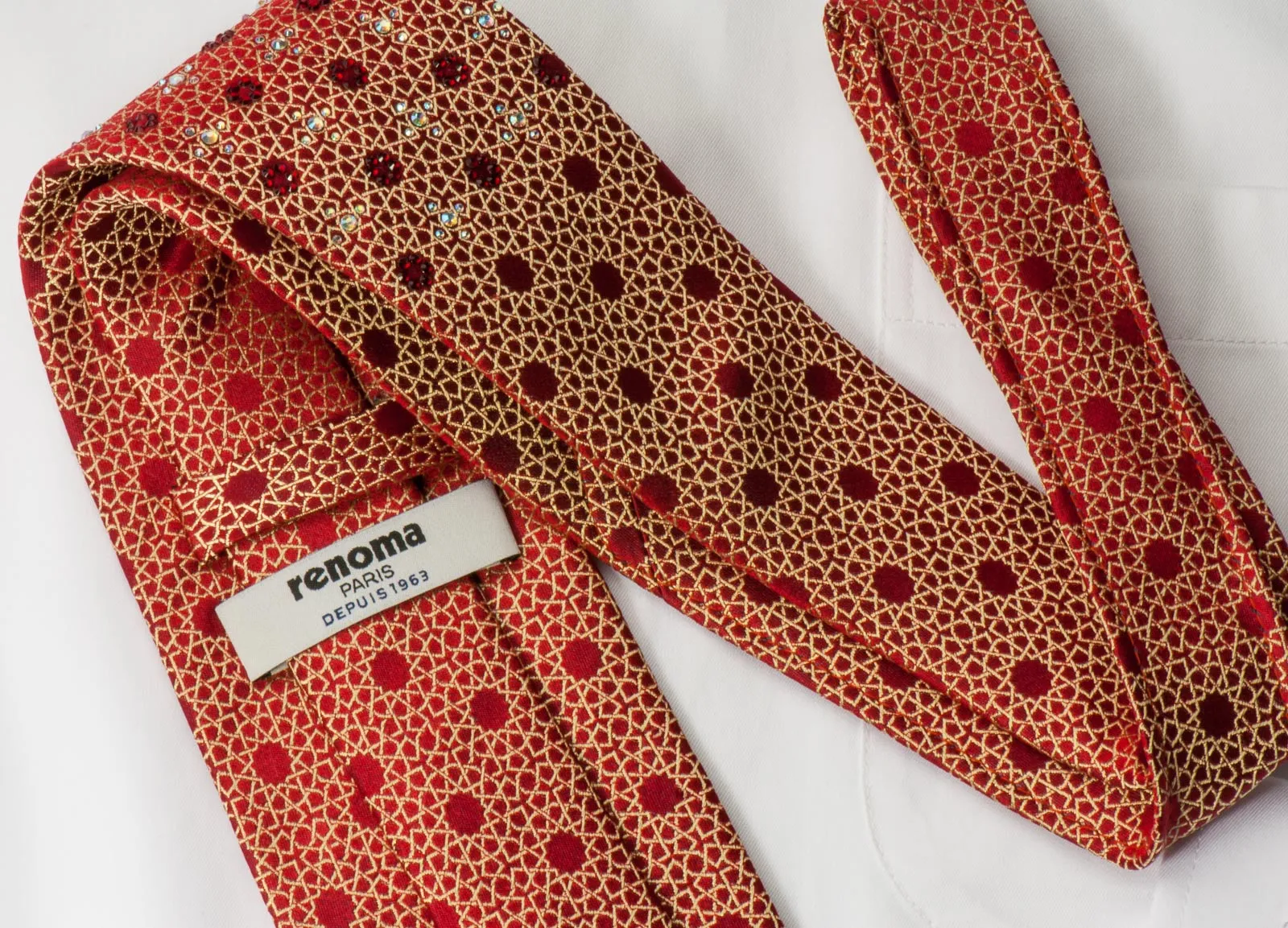 Renoma Men's Woven Silk Tie Golden Trellis On Red With Rhinestones