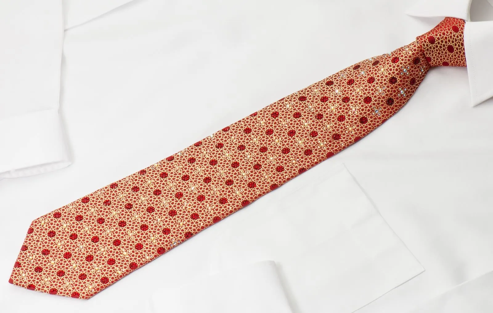 Renoma Men's Woven Silk Tie Golden Trellis On Red With Rhinestones