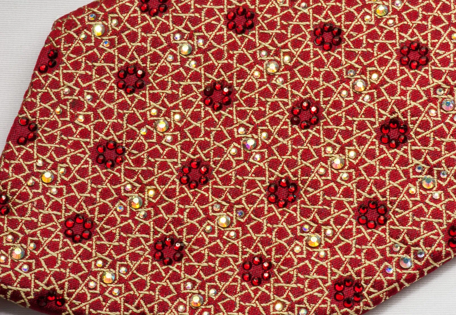 Renoma Men's Woven Silk Tie Golden Trellis On Red With Rhinestones