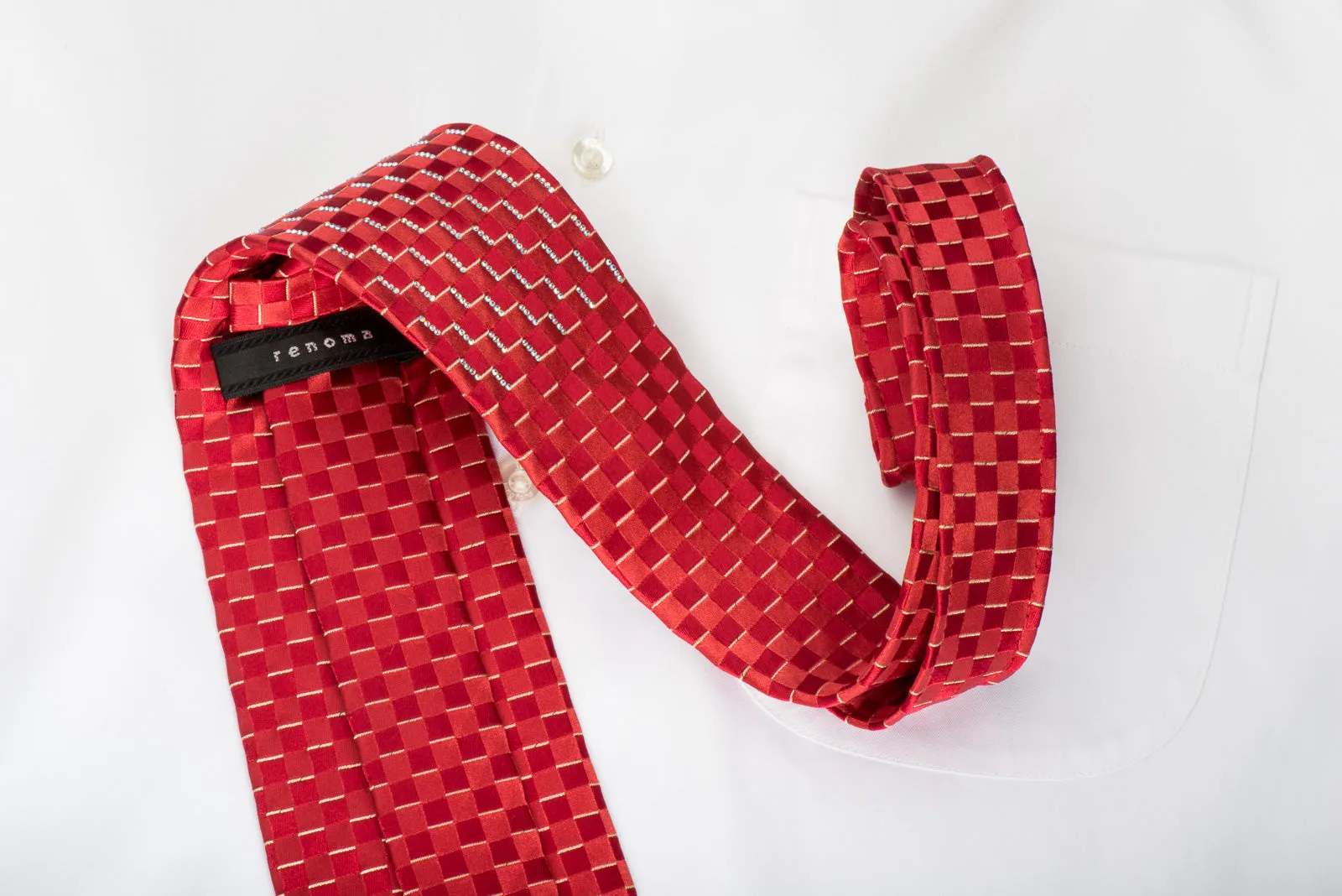 Renoma Rhinestone Silk Necktie Chevron Checker On Red With Silver Sparkles