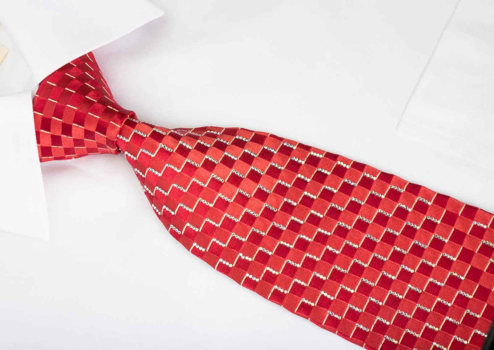 Renoma Rhinestone Silk Necktie Chevron Checker On Red With Silver Sparkles