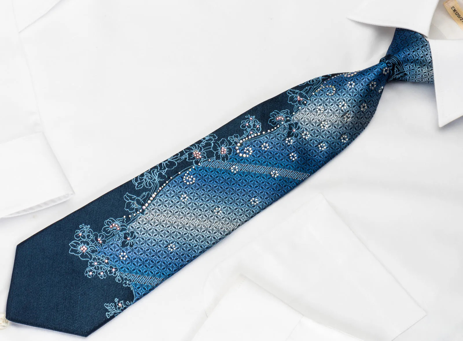 Renoma Rhinestone Silk Necktie Floral On Blue With Silver Sparkles