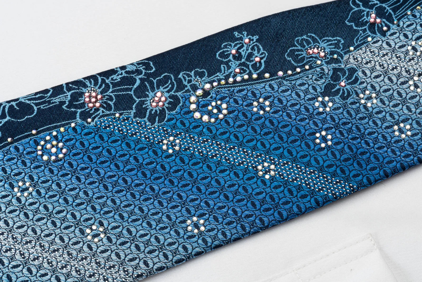 Renoma Rhinestone Silk Necktie Floral On Blue With Silver Sparkles