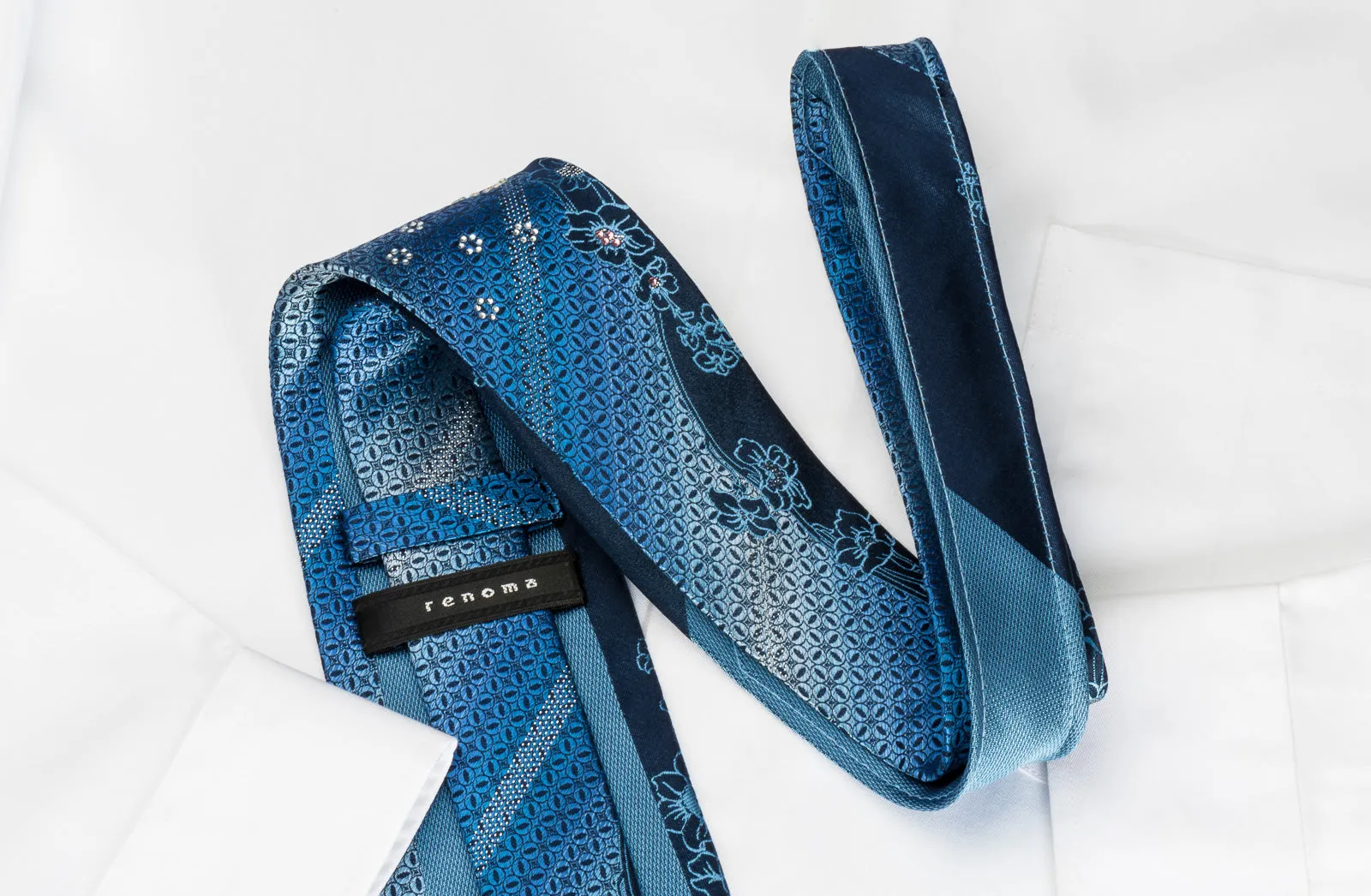 Renoma Rhinestone Silk Necktie Floral On Blue With Silver Sparkles