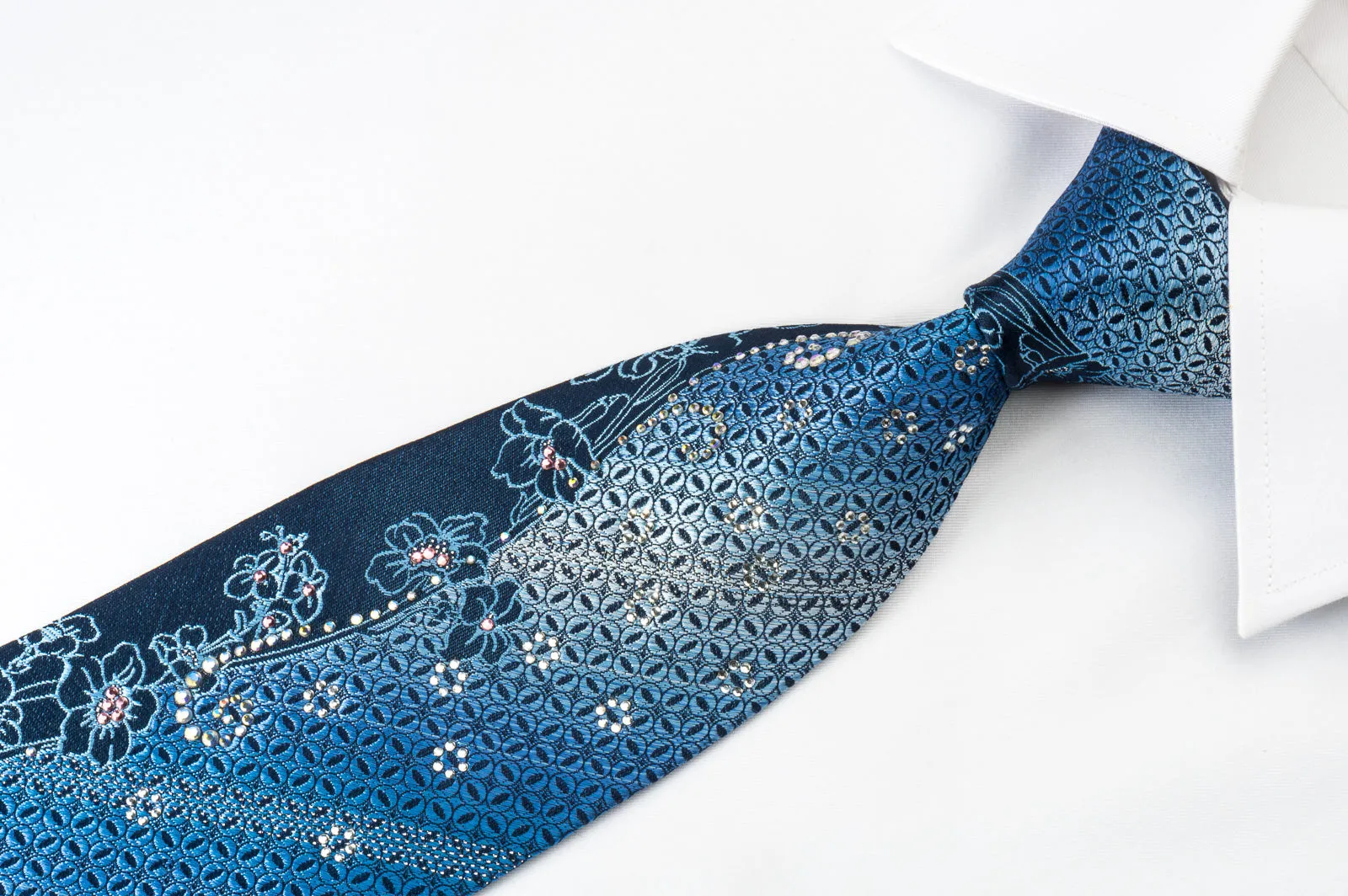 Renoma Rhinestone Silk Necktie Floral On Blue With Silver Sparkles