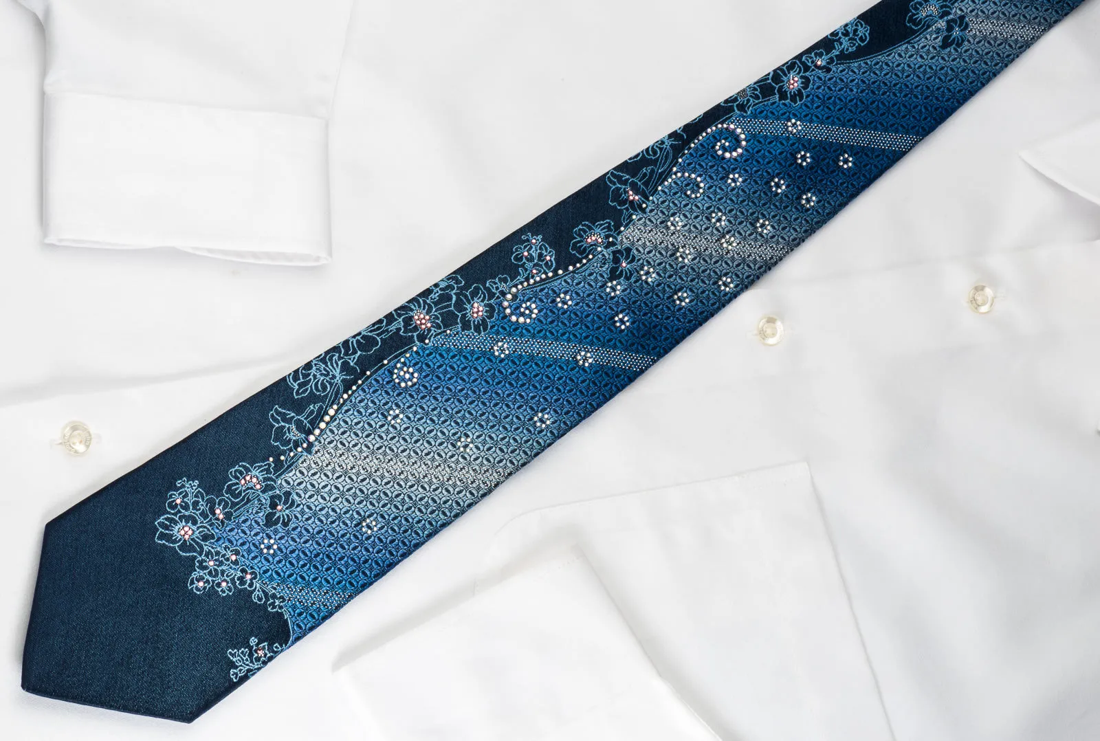 Renoma Rhinestone Silk Necktie Floral On Blue With Silver Sparkles