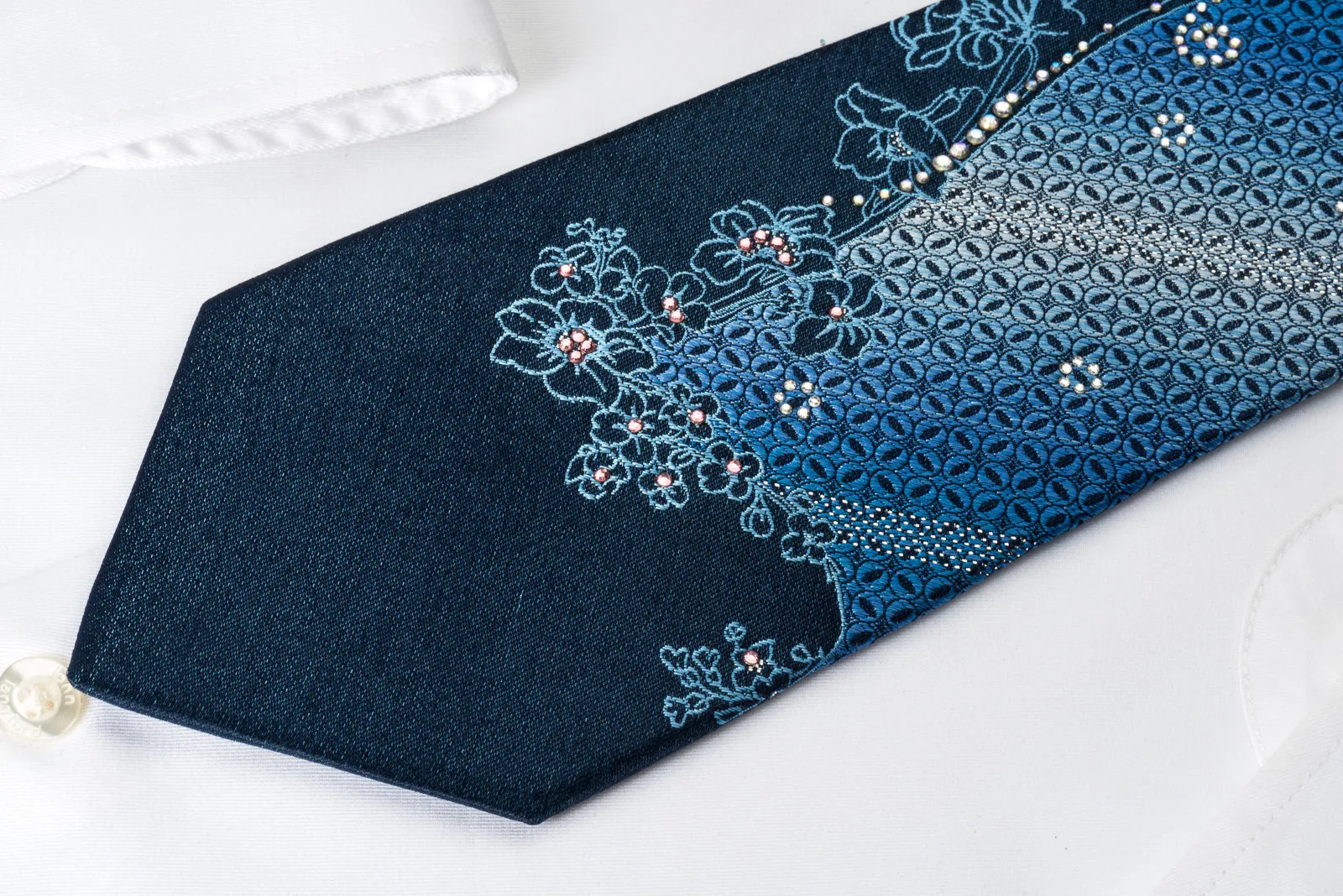 Renoma Rhinestone Silk Necktie Floral On Blue With Silver Sparkles