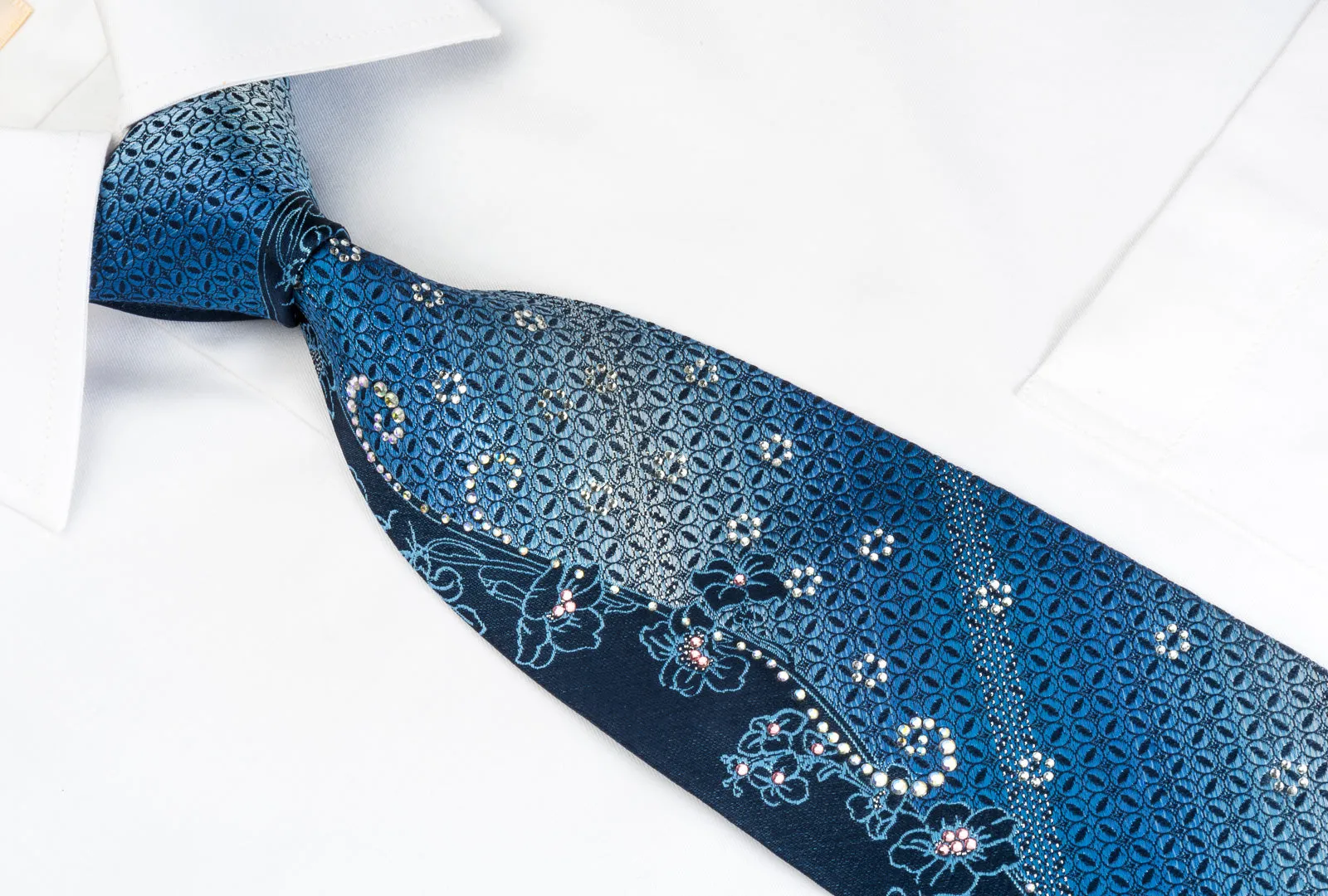 Renoma Rhinestone Silk Necktie Floral On Blue With Silver Sparkles