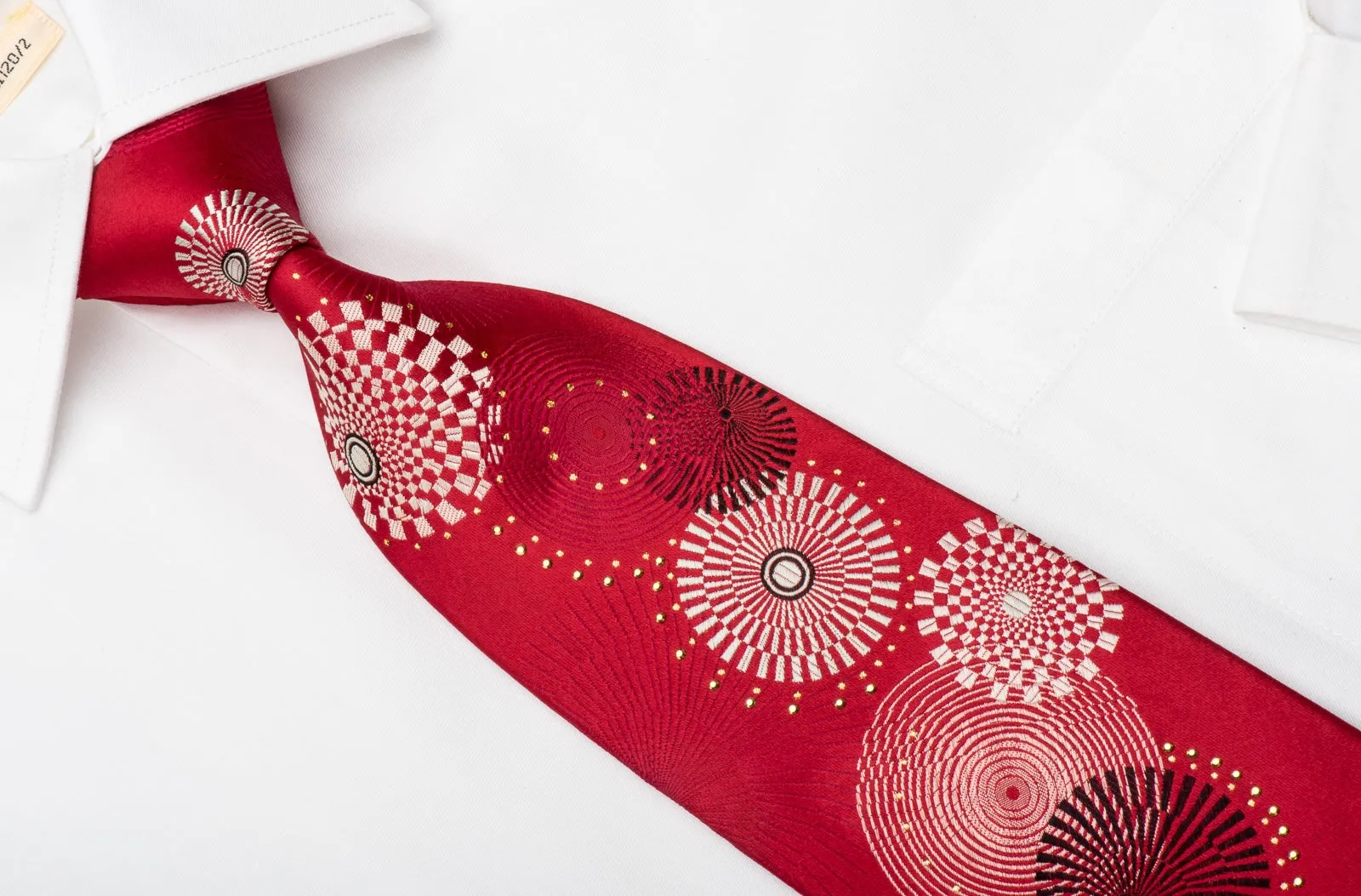 Renoma Rhinestone Silk Necktie Geometric On Red With Silver Sparkles