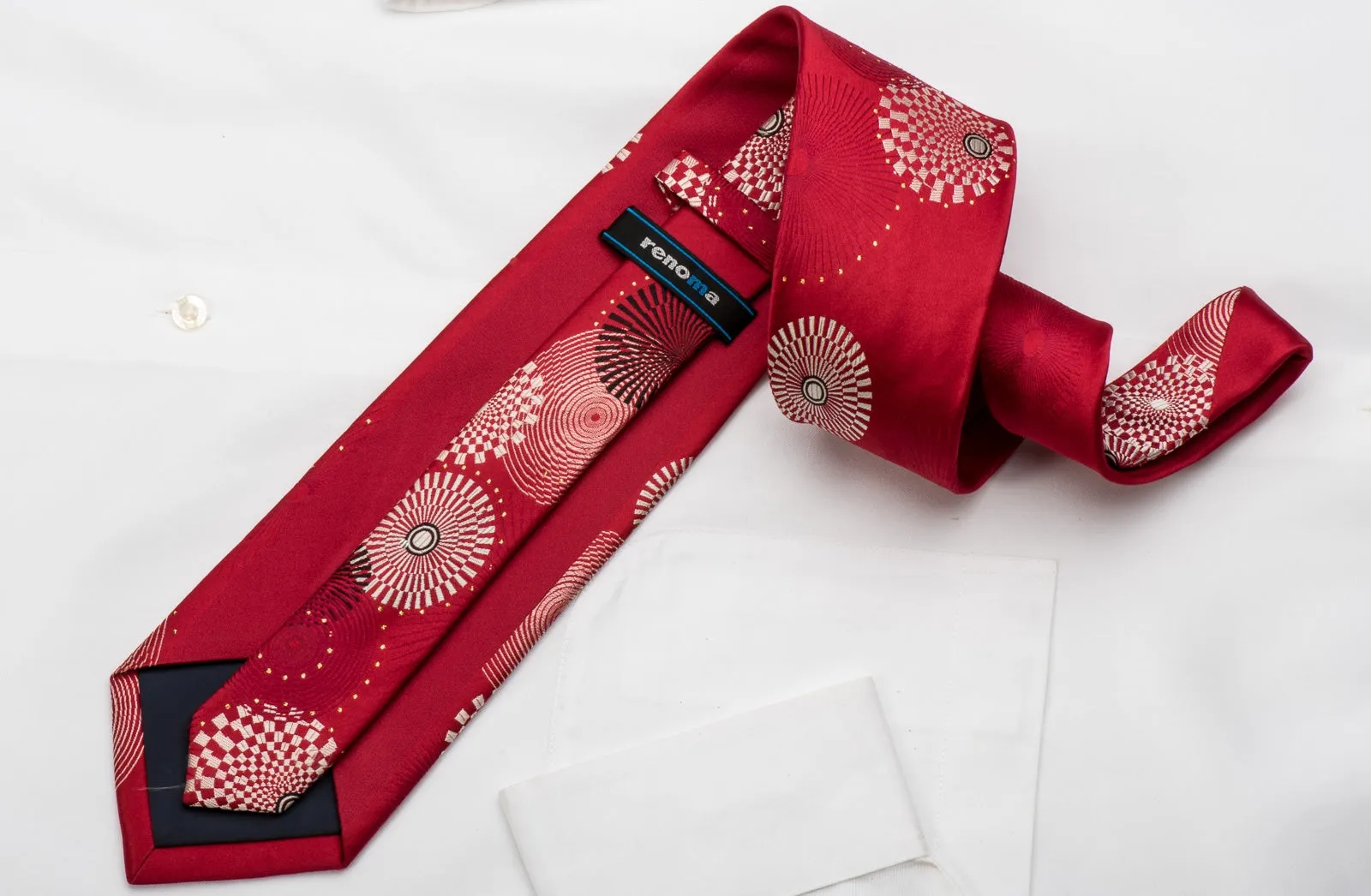 Renoma Rhinestone Silk Necktie Geometric On Red With Silver Sparkles