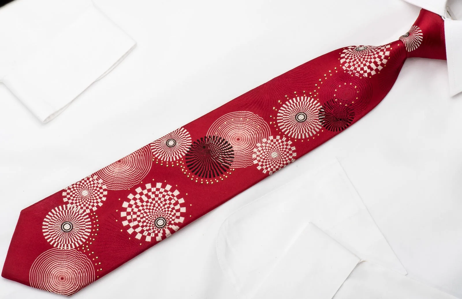 Renoma Rhinestone Silk Necktie Geometric On Red With Silver Sparkles