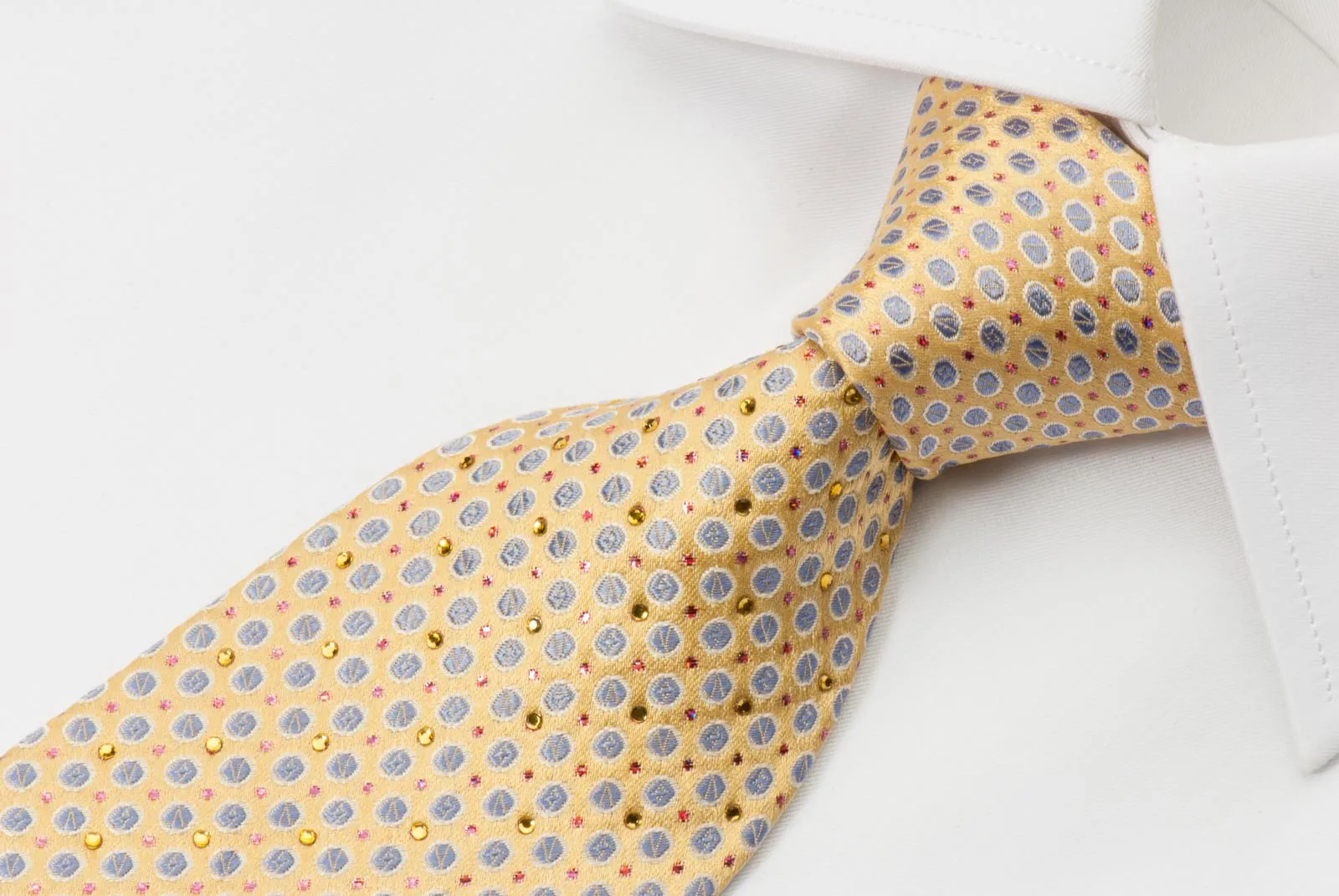 Renoma Rhinestone Silk Necktie Silver Dots On Yellow With Copper Sparkles