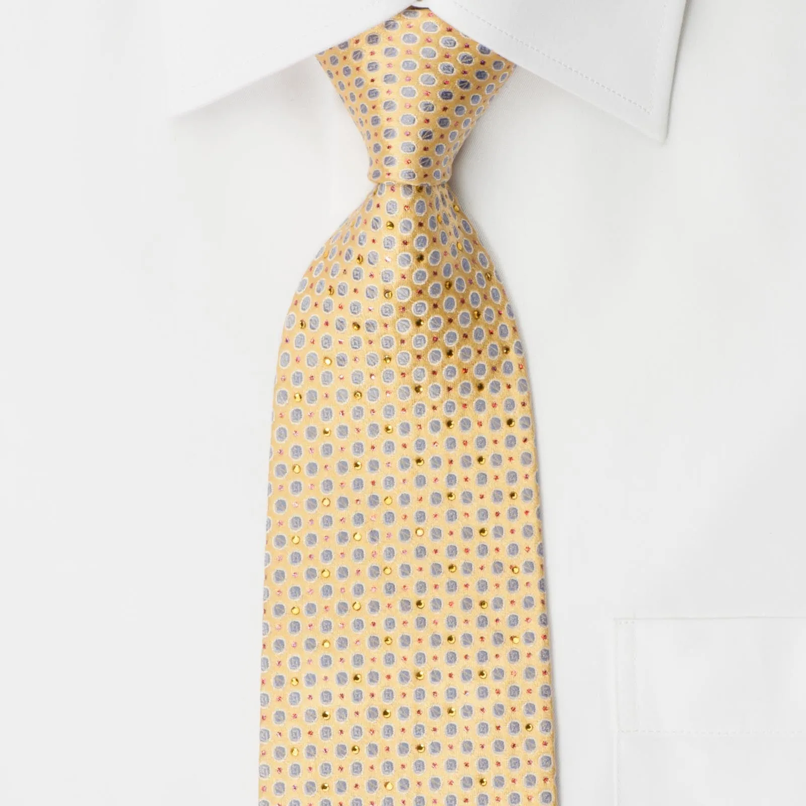 Renoma Rhinestone Silk Necktie Silver Dots On Yellow With Copper Sparkles