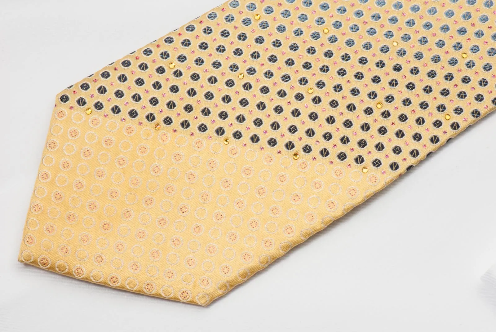 Renoma Rhinestone Silk Necktie Silver Dots On Yellow With Copper Sparkles