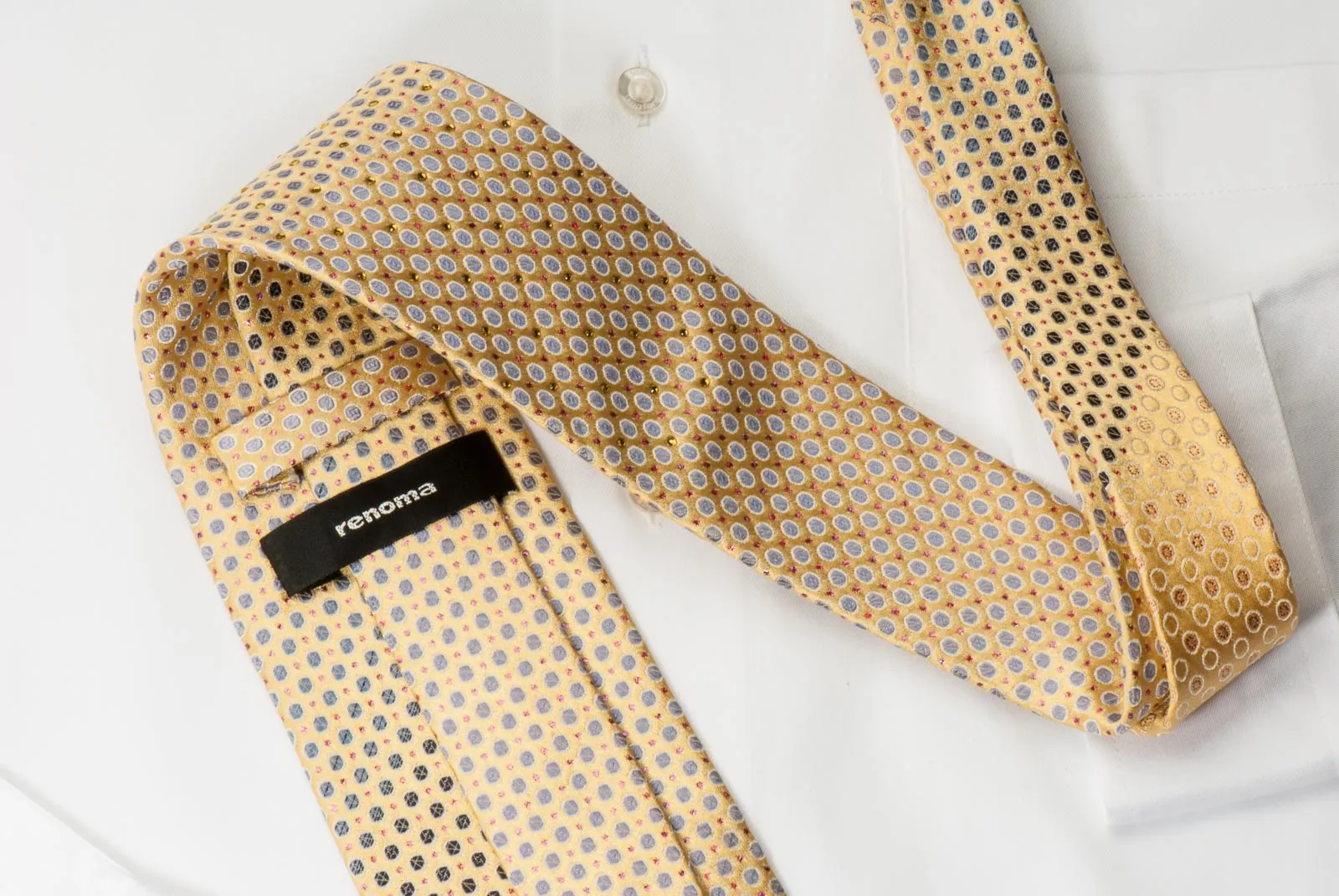 Renoma Rhinestone Silk Necktie Silver Dots On Yellow With Copper Sparkles