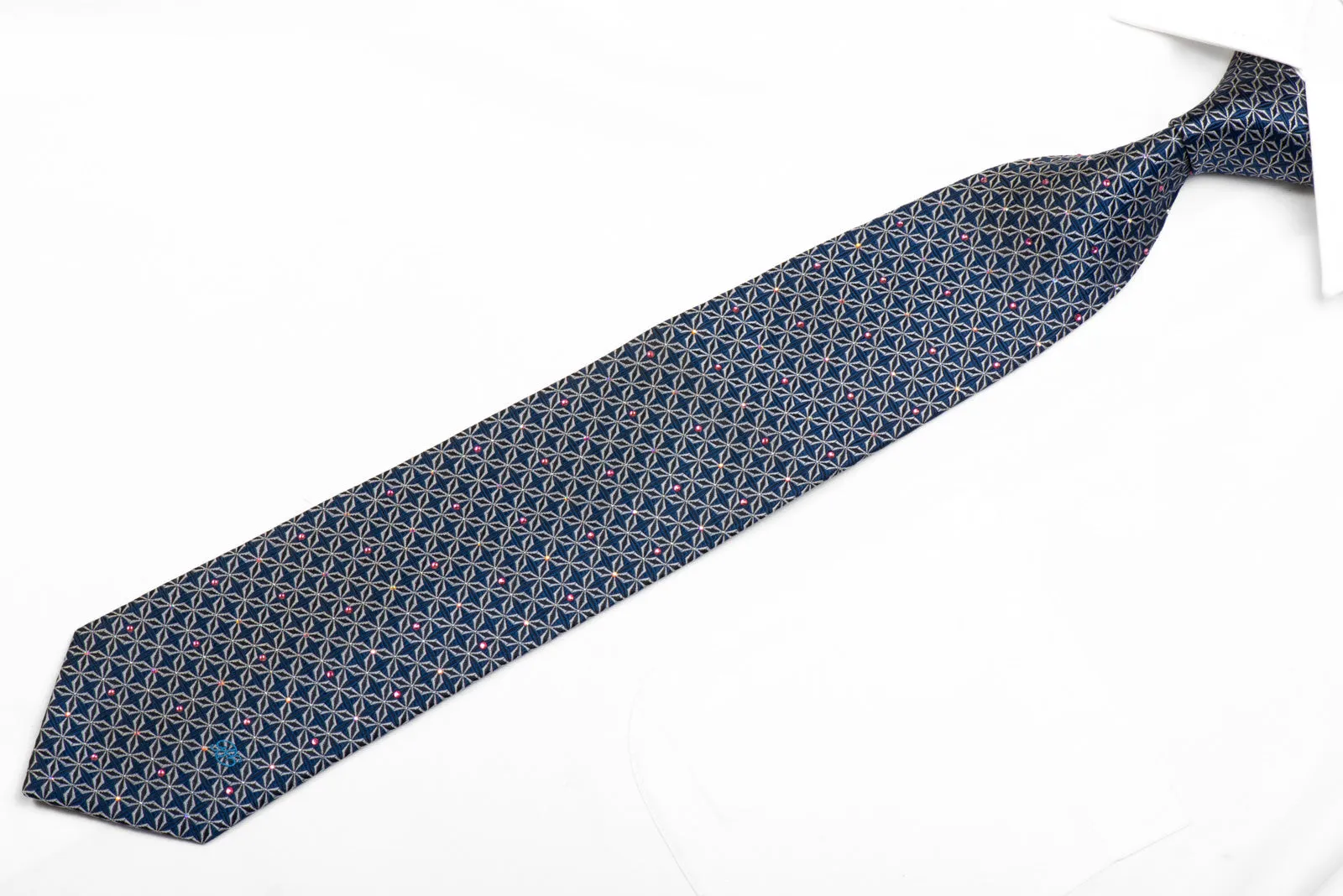 Rhinestone Necktie Silver Trellis On Blue With Sparkles