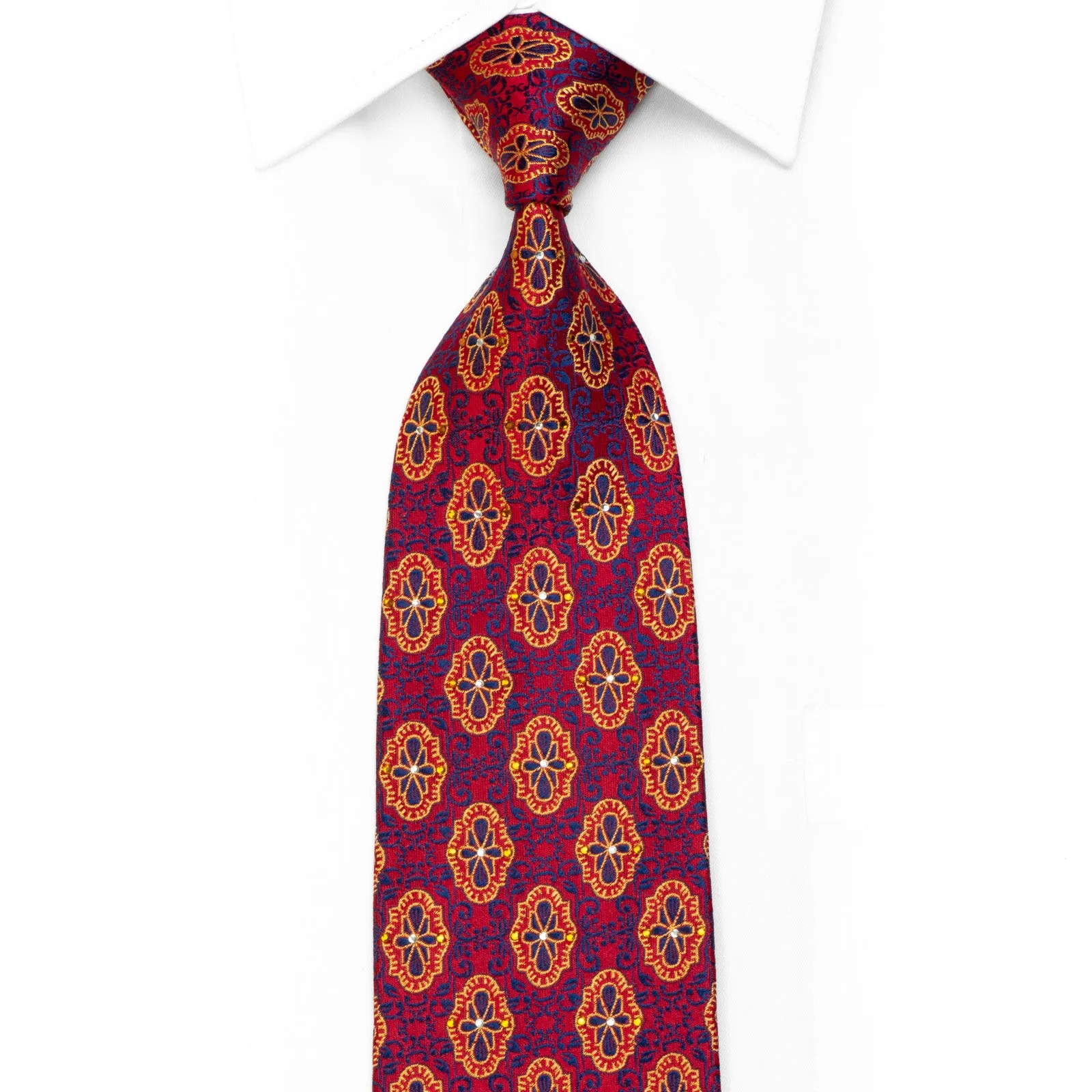Rhinestone Silk Necktie Gold Blue Cartouche On Burgundy With Sparkles