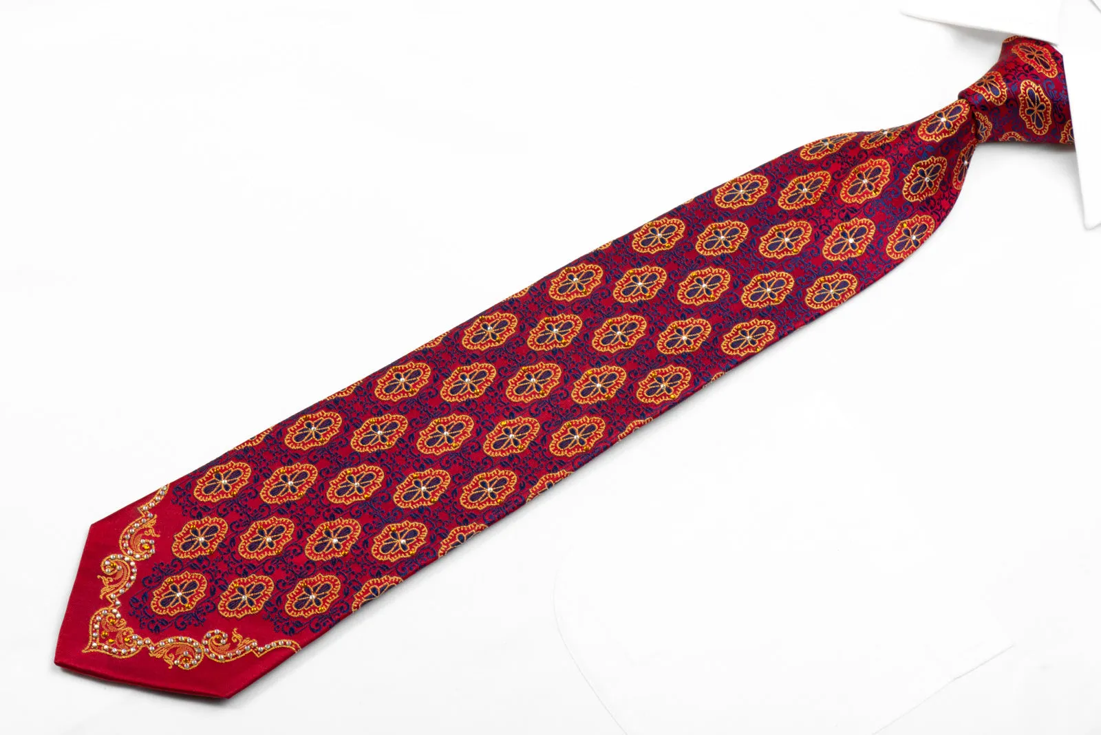 Rhinestone Silk Necktie Gold Blue Cartouche On Burgundy With Sparkles