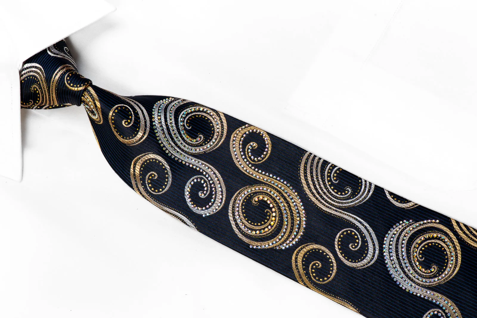 Rhinestone Silk Tie Gold Silver Scrolls On Black With Sparkles