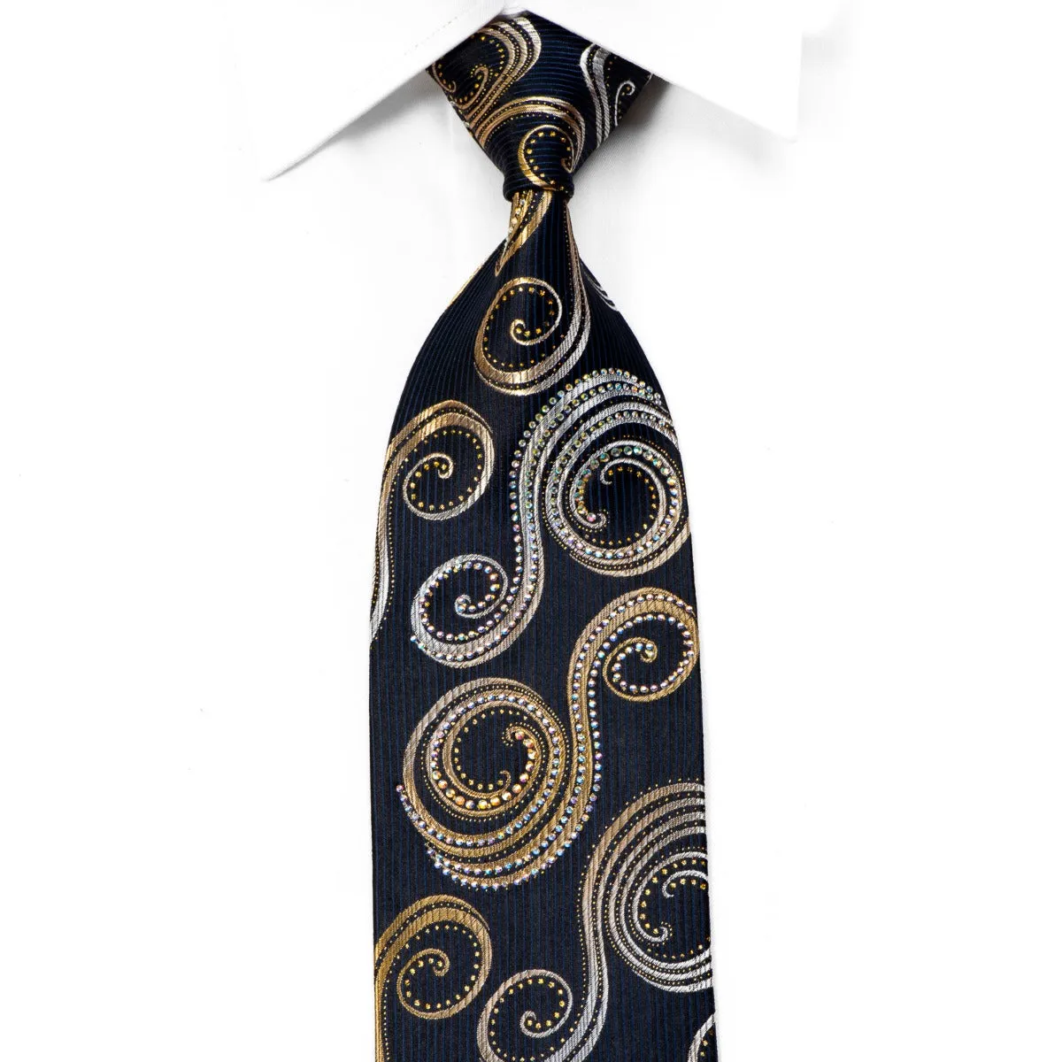 Rhinestone Silk Tie Gold Silver Scrolls On Black With Sparkles
