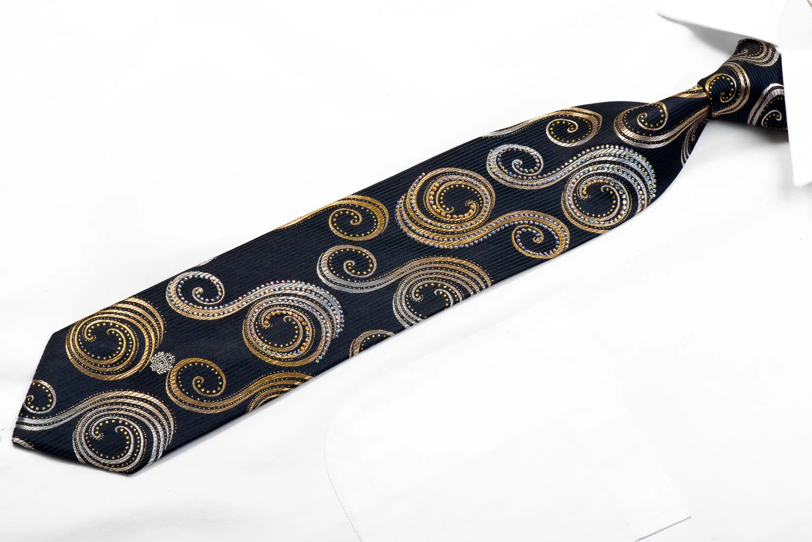 Rhinestone Silk Tie Gold Silver Scrolls On Black With Sparkles