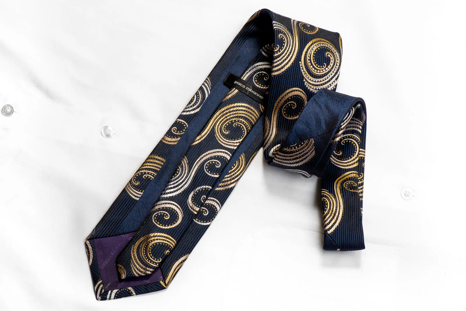 Rhinestone Silk Tie Gold Silver Scrolls On Black With Sparkles