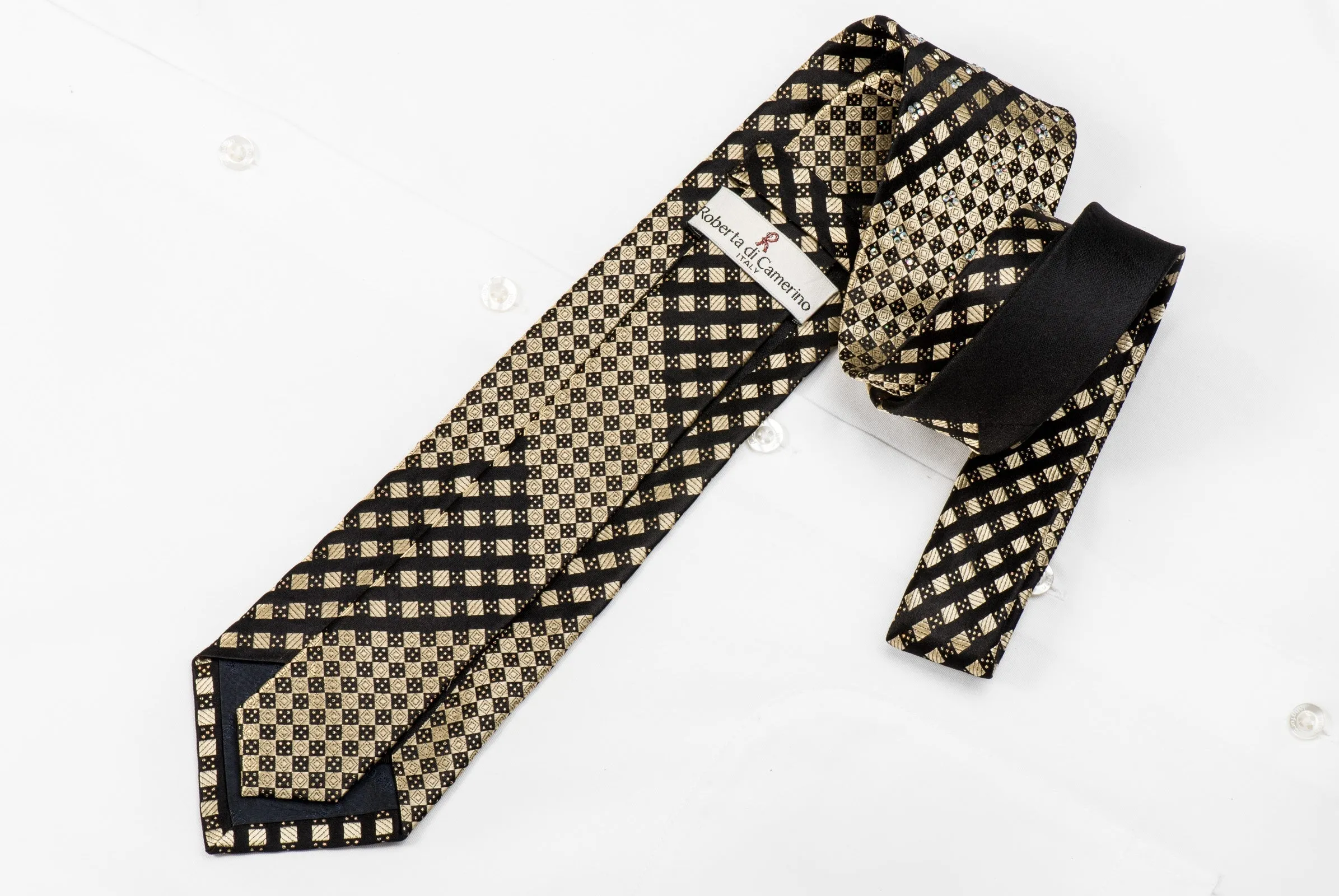 Roberta di Camerino Men's Crystal Tie Black Gold Diagonal Checker With Golden Sparkles
