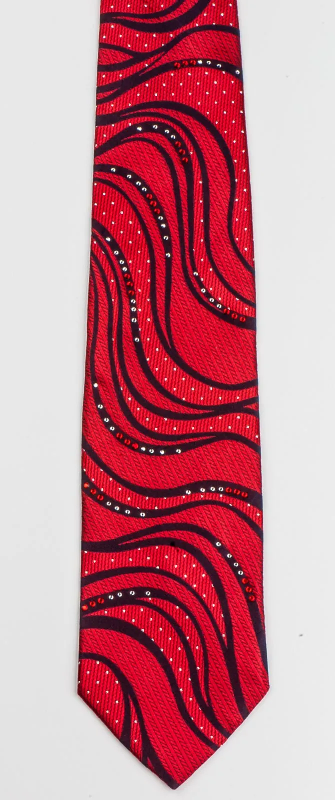 Roberta di Camerino Men's Rhinestone Silk Neck Tie Black Waves On Deep Red