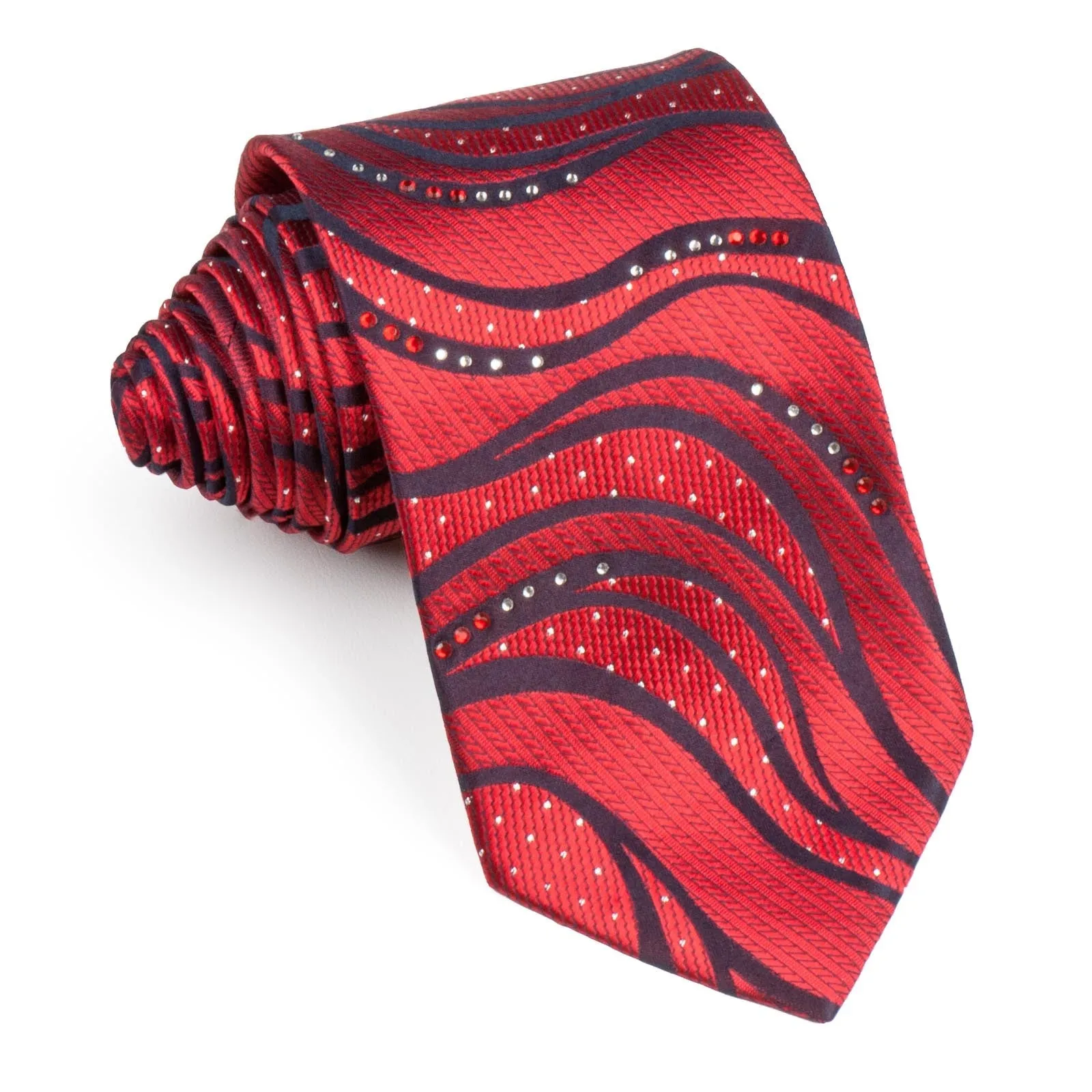 Roberta di Camerino Men's Rhinestone Silk Neck Tie Black Waves On Deep Red