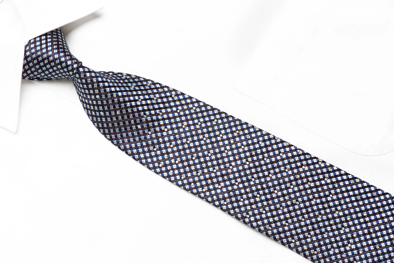 Roberta di Camerino Mens Rhinestone Tie Silver Navy Burgundy Checkered With Sparkles