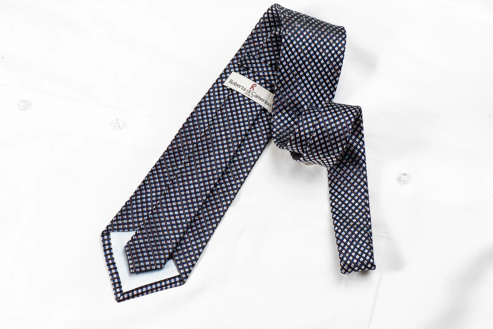 Roberta di Camerino Mens Rhinestone Tie Silver Navy Burgundy Checkered With Sparkles