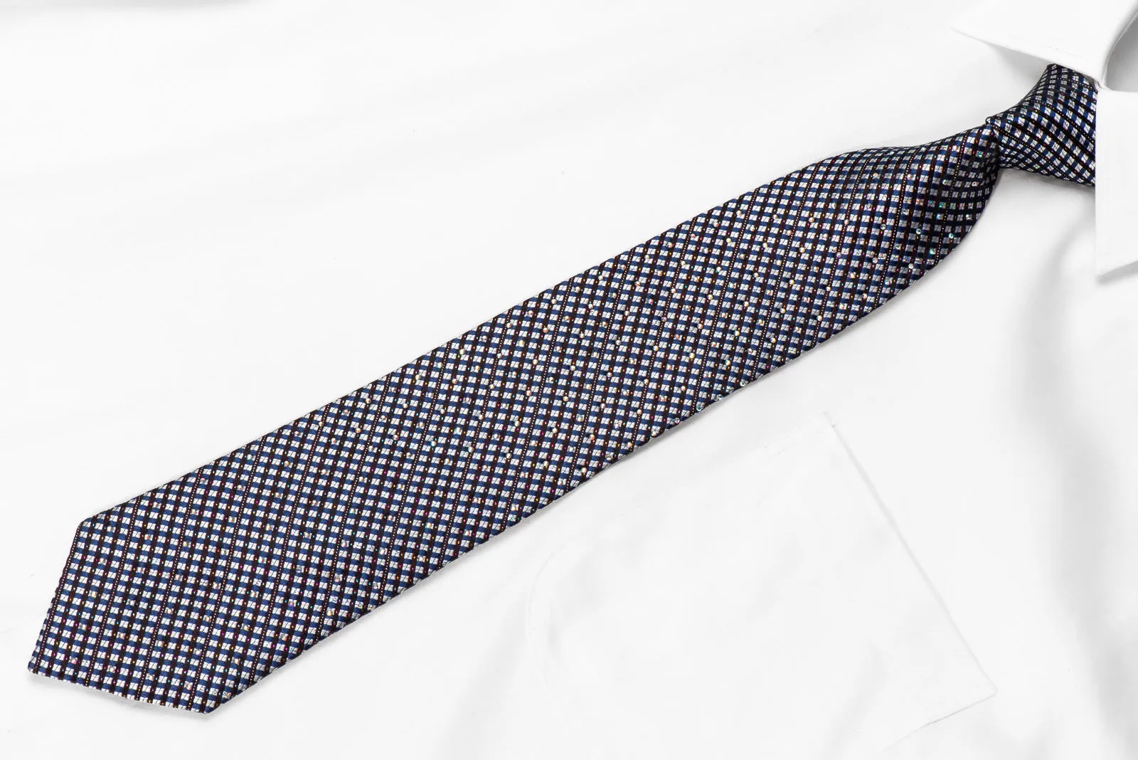 Roberta di Camerino Mens Rhinestone Tie Silver Navy Burgundy Checkered With Sparkles