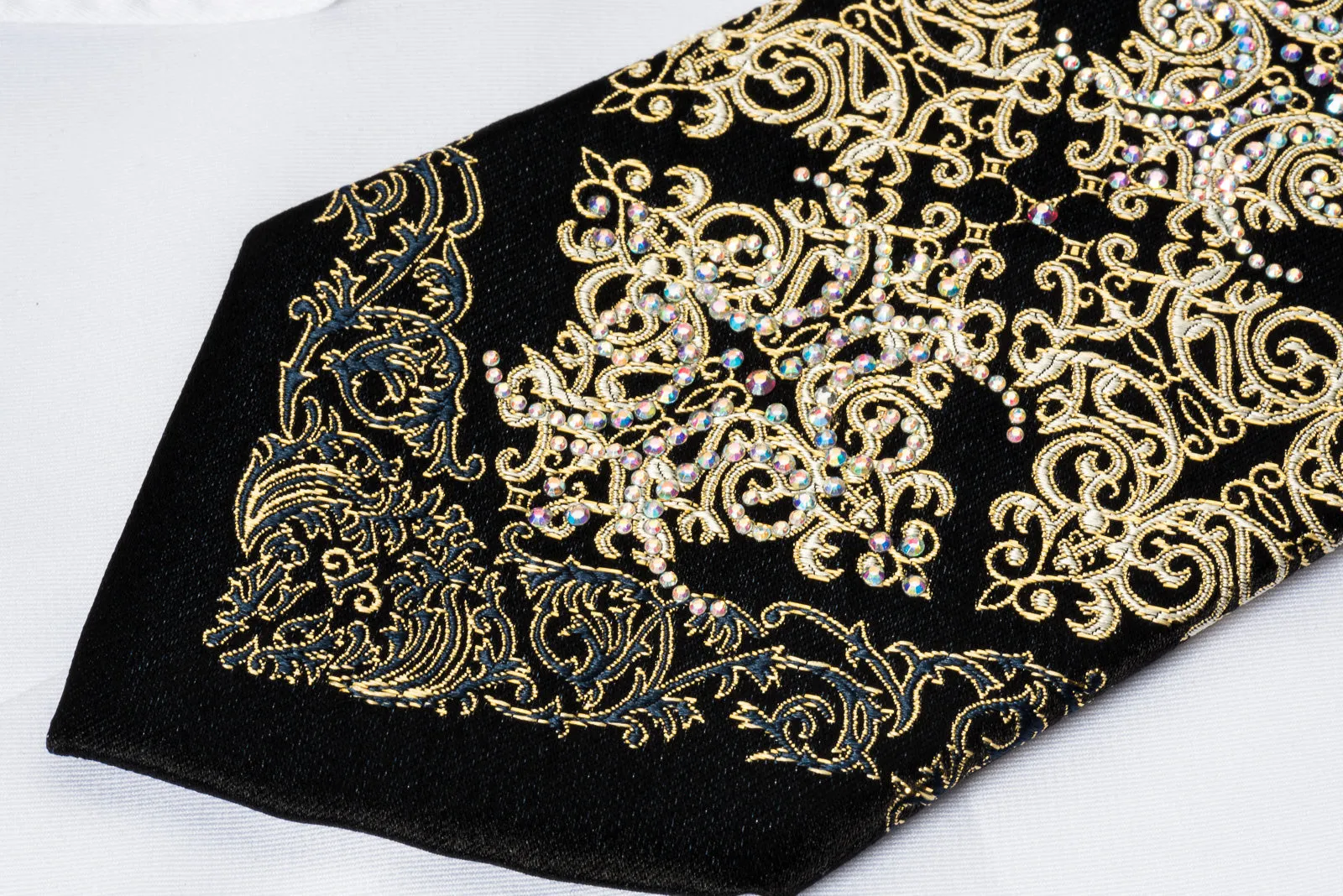 Roberta di Camerino Rhinestone Silk Tie Golden Damask On Black With Golden Sparkles