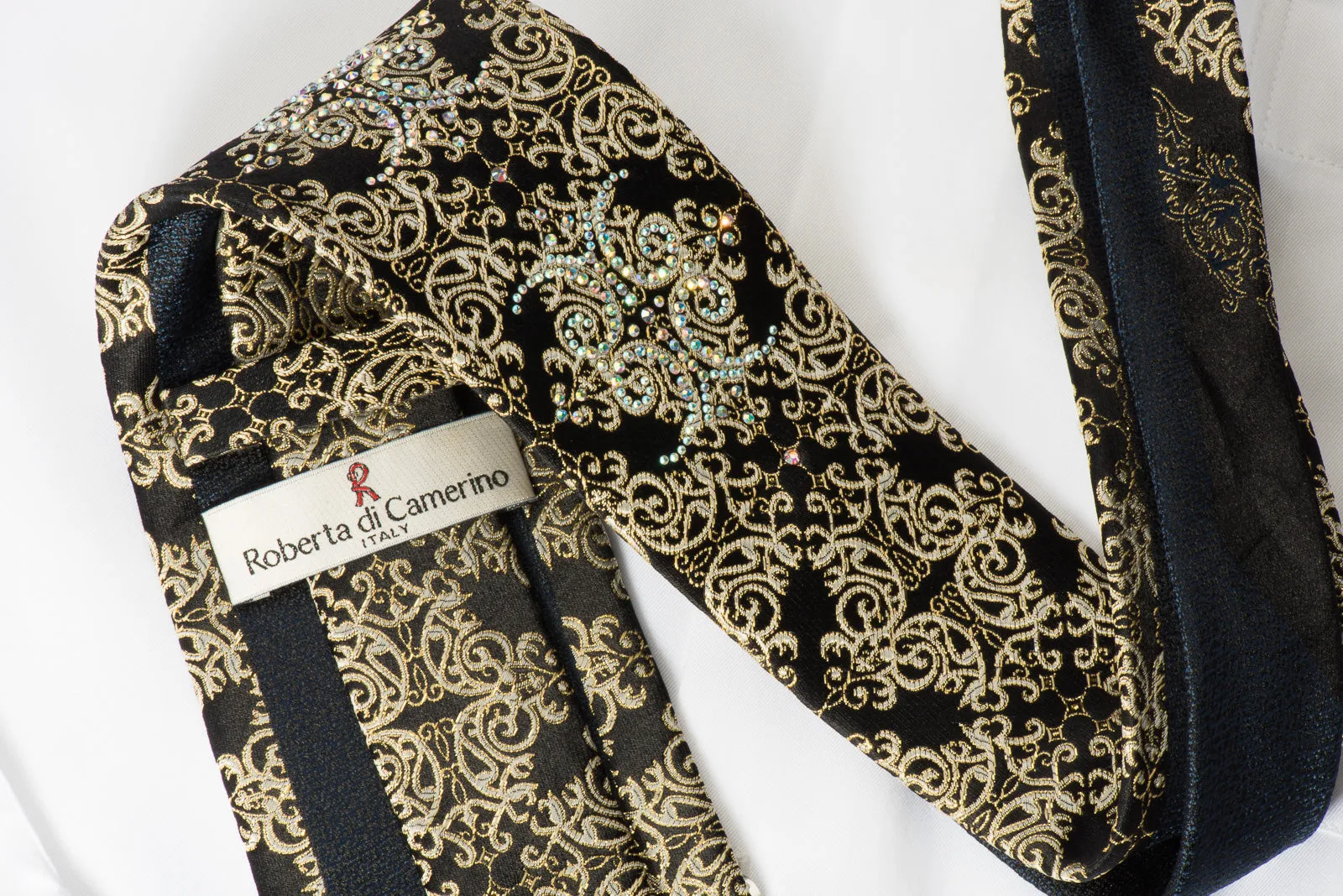 Roberta di Camerino Rhinestone Silk Tie Golden Damask On Black With Golden Sparkles