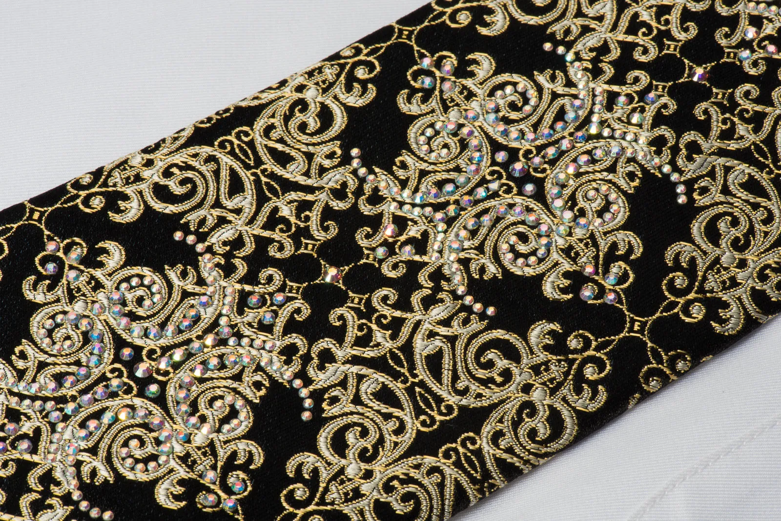 Roberta di Camerino Rhinestone Silk Tie Golden Damask On Black With Golden Sparkles