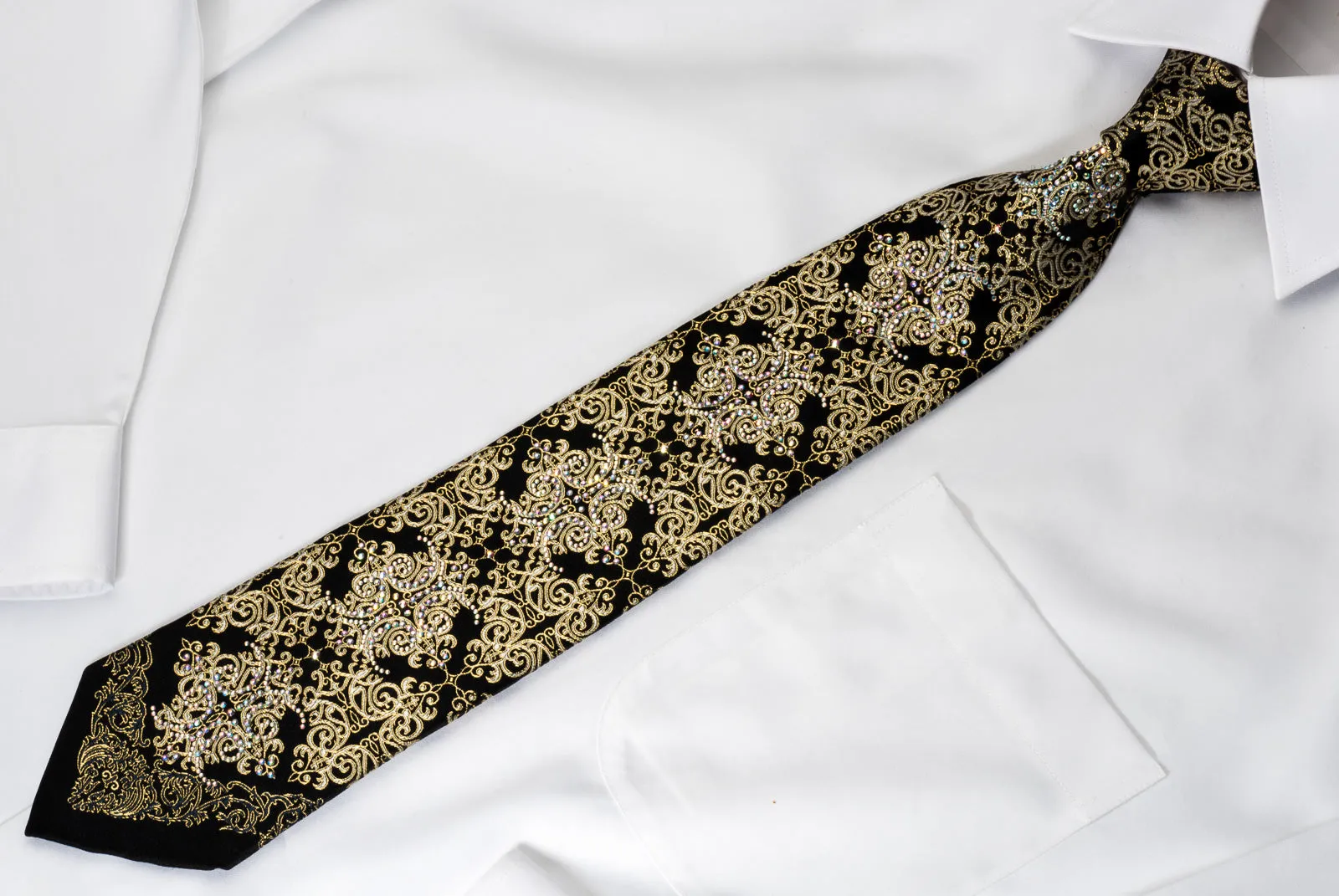 Roberta di Camerino Rhinestone Silk Tie Golden Damask On Black With Golden Sparkles