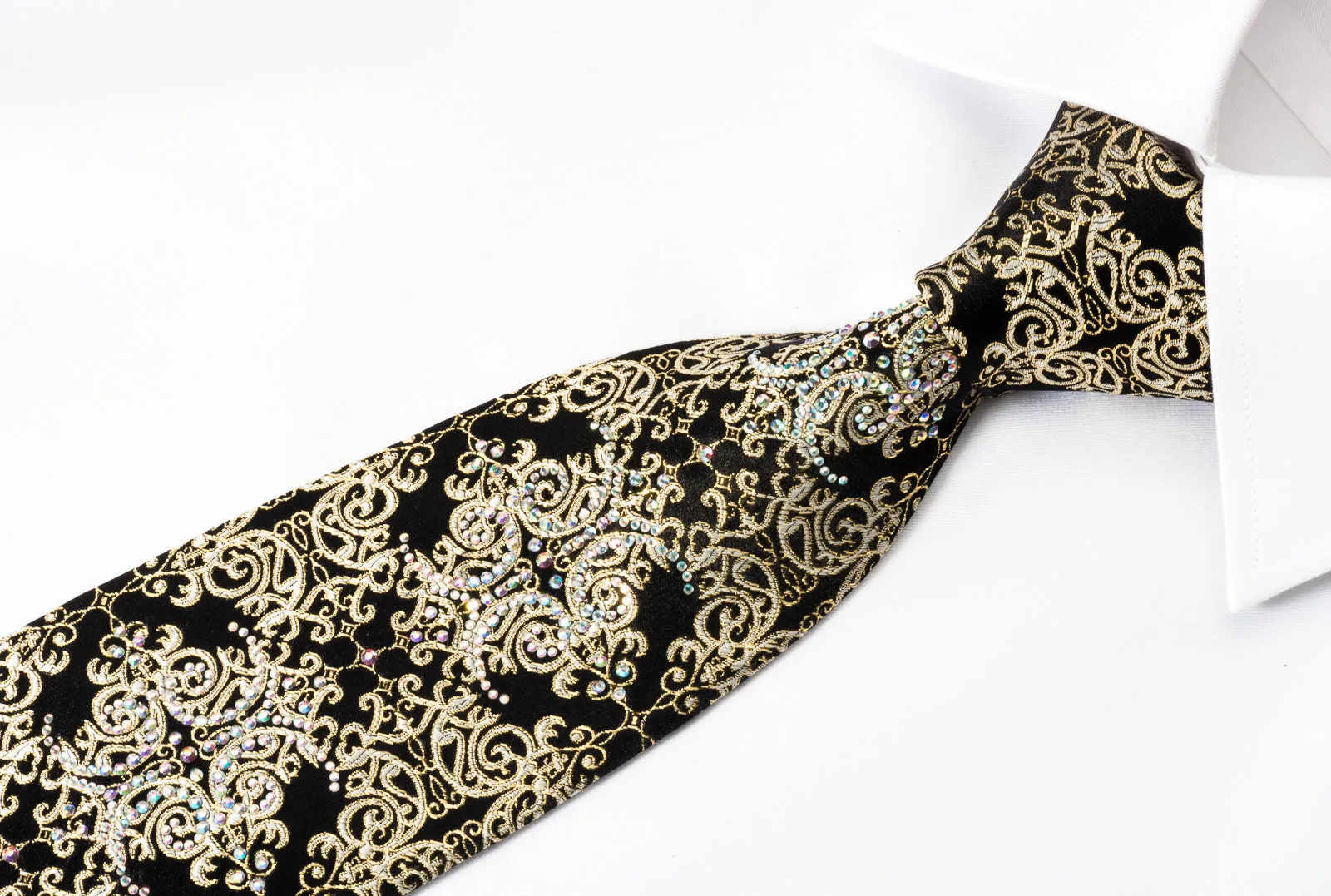 Roberta di Camerino Rhinestone Silk Tie Golden Damask On Black With Golden Sparkles