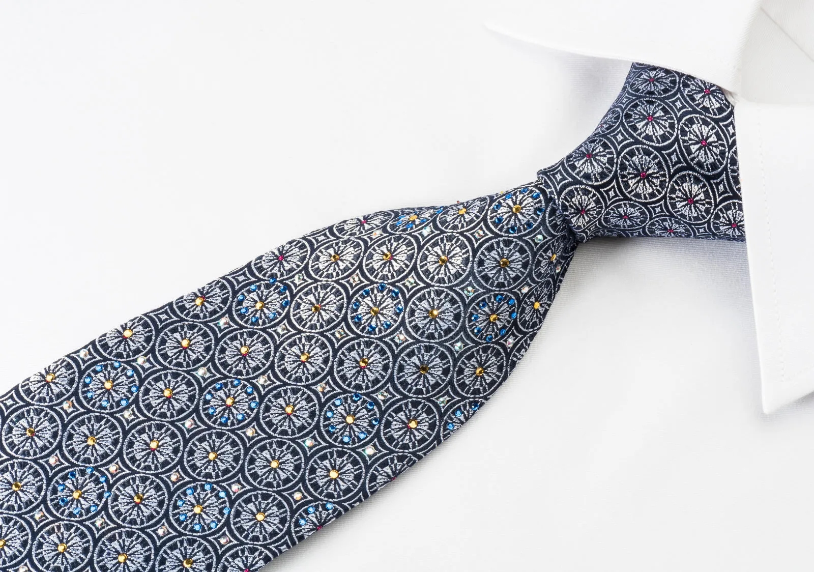 Roberta di Camerino Silk Tie Silver Medallions On Blue With Rhinestones