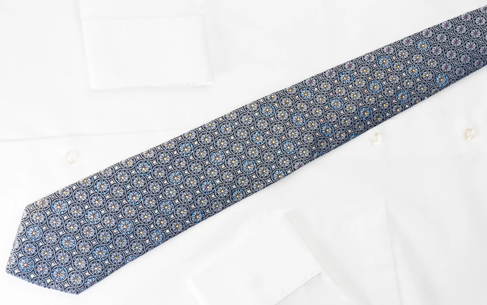 Roberta di Camerino Silk Tie Silver Medallions On Blue With Rhinestones