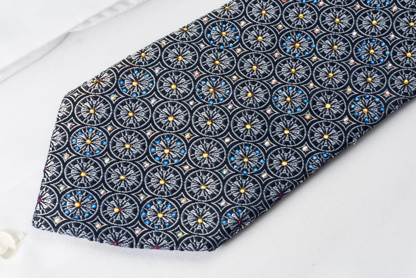 Roberta di Camerino Silk Tie Silver Medallions On Blue With Rhinestones