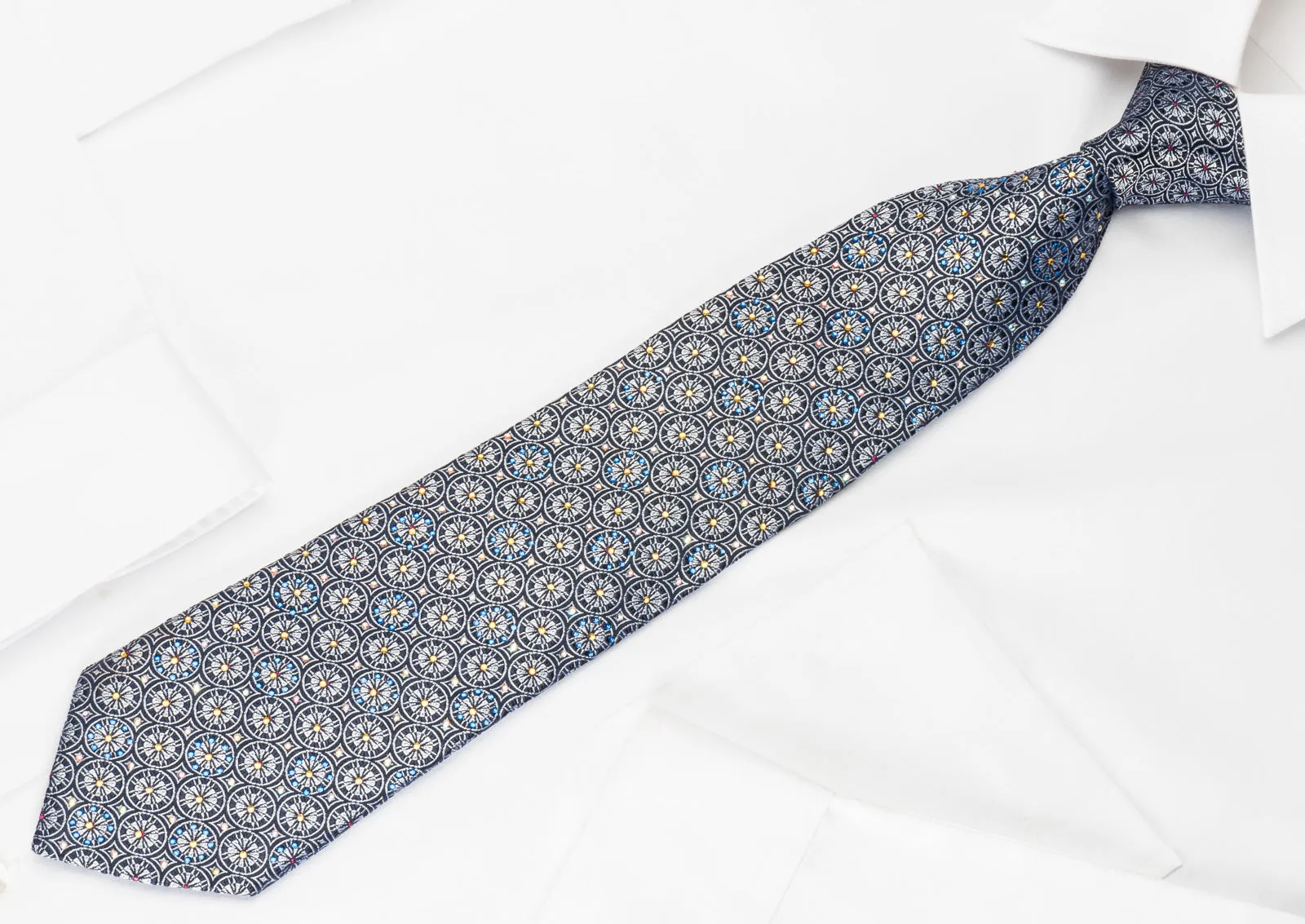 Roberta di Camerino Silk Tie Silver Medallions On Blue With Rhinestones