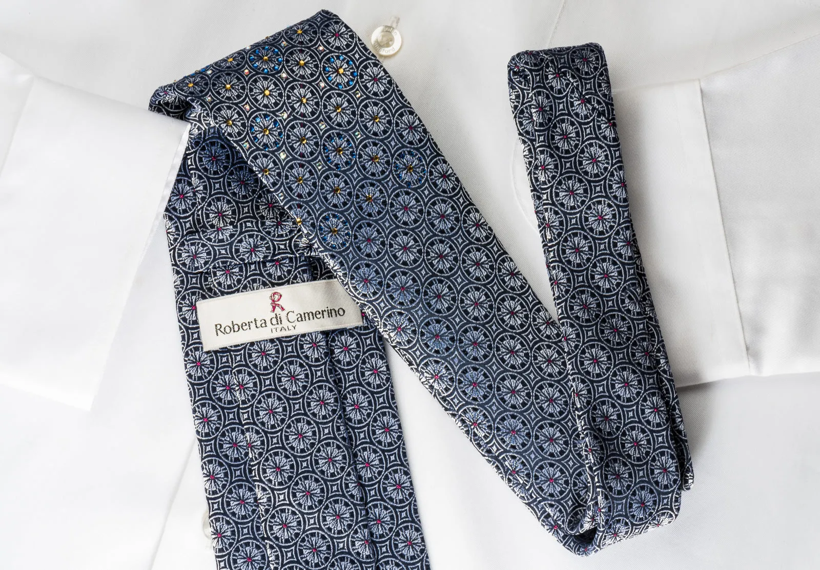 Roberta di Camerino Silk Tie Silver Medallions On Blue With Rhinestones