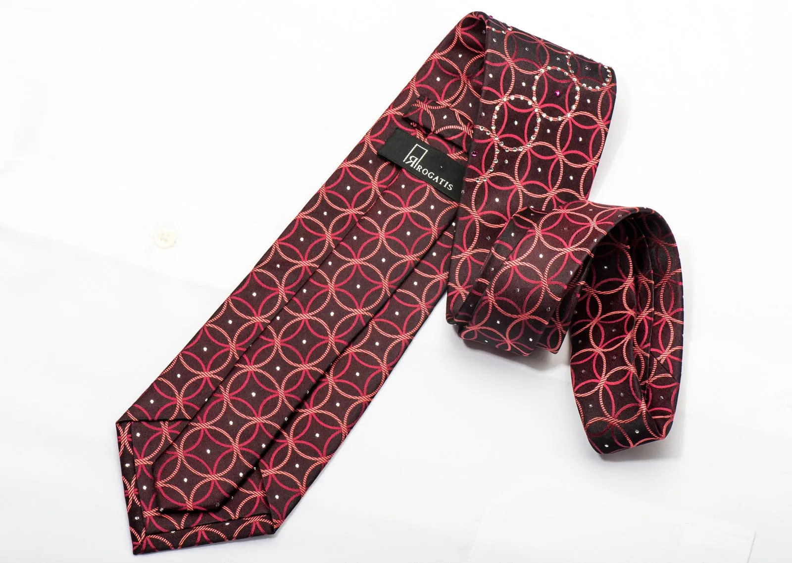Rogatis Men's Silk Necktie Orange Interlocking Circles On Black Orange Sparkling With Rhinestones