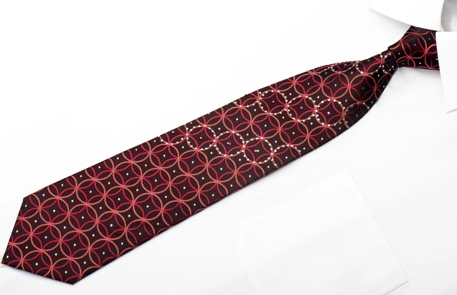 Rogatis Men's Silk Necktie Orange Interlocking Circles On Black Orange Sparkling With Rhinestones