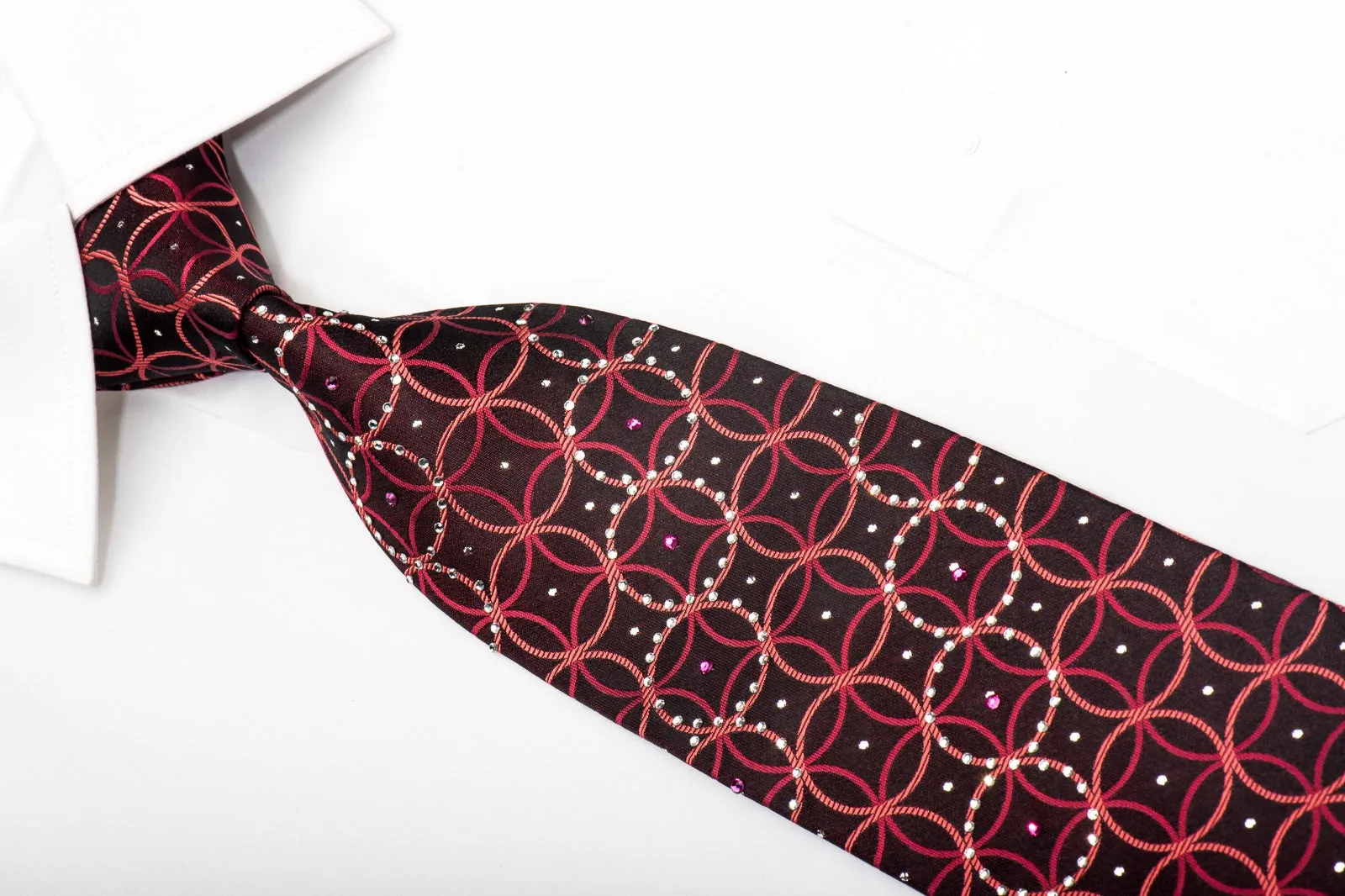Rogatis Men's Silk Necktie Orange Interlocking Circles On Black Orange Sparkling With Rhinestones