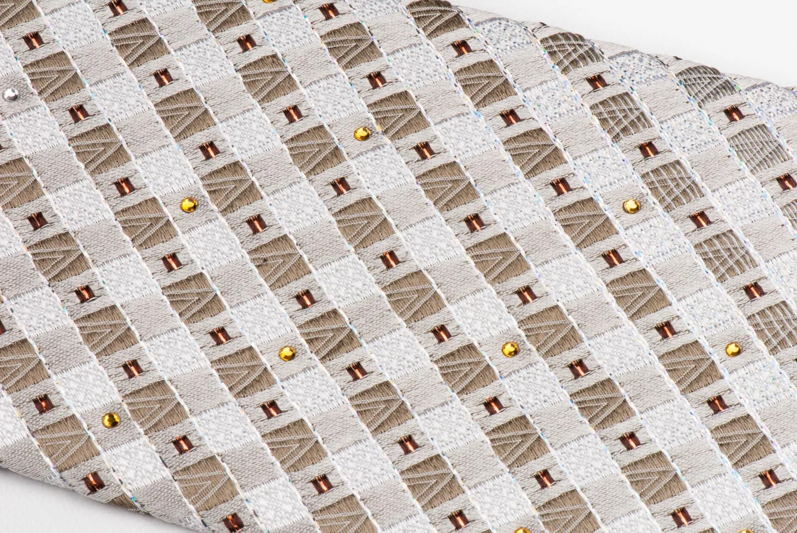 Rogatis Silk Necktie Beige Brown Check Design With Copper Sparkles & Rhinestones