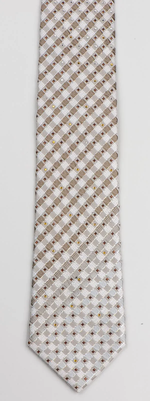 Rogatis Silk Necktie Beige Brown Check Design With Copper Sparkles & Rhinestones