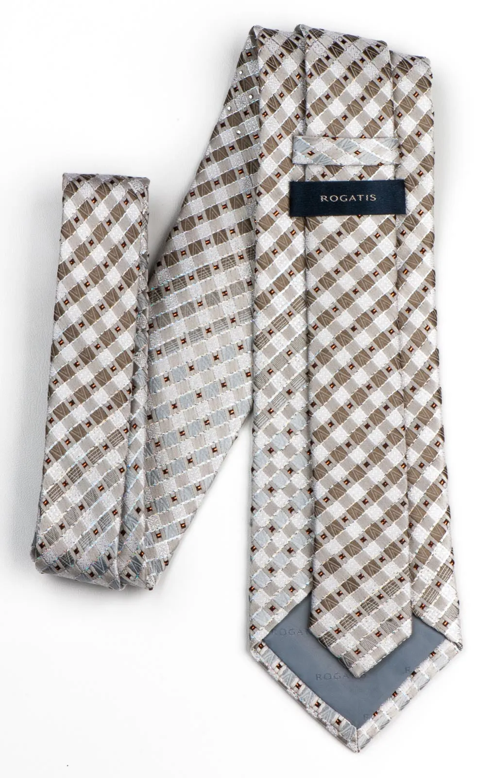 Rogatis Silk Necktie Beige Brown Check Design With Copper Sparkles & Rhinestones
