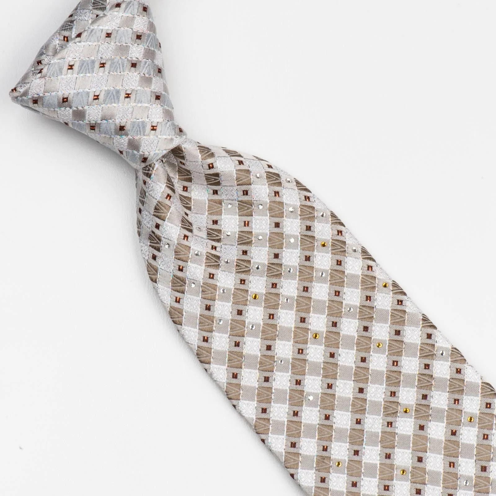 Rogatis Silk Necktie Beige Brown Check Design With Copper Sparkles & Rhinestones