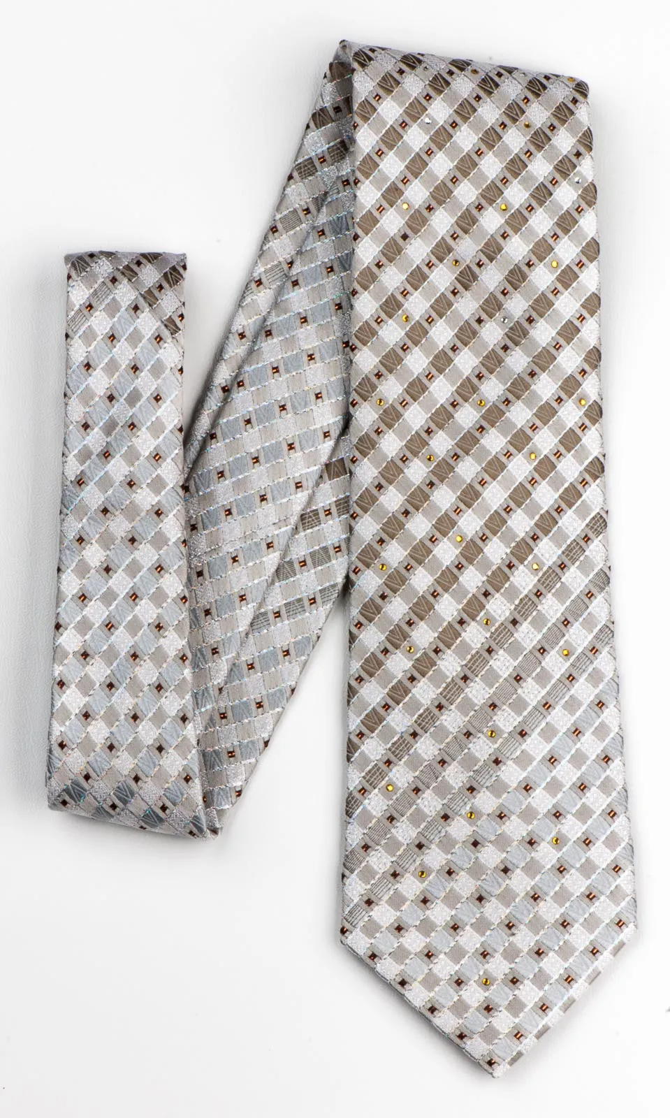 Rogatis Silk Necktie Beige Brown Check Design With Copper Sparkles & Rhinestones
